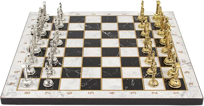 GrandGiftStore Marble Design Chess Set,Wooden Chess Board, Roma Metal Chess Pieces, Wooden Clasic Chess Set/White, 30x30 us