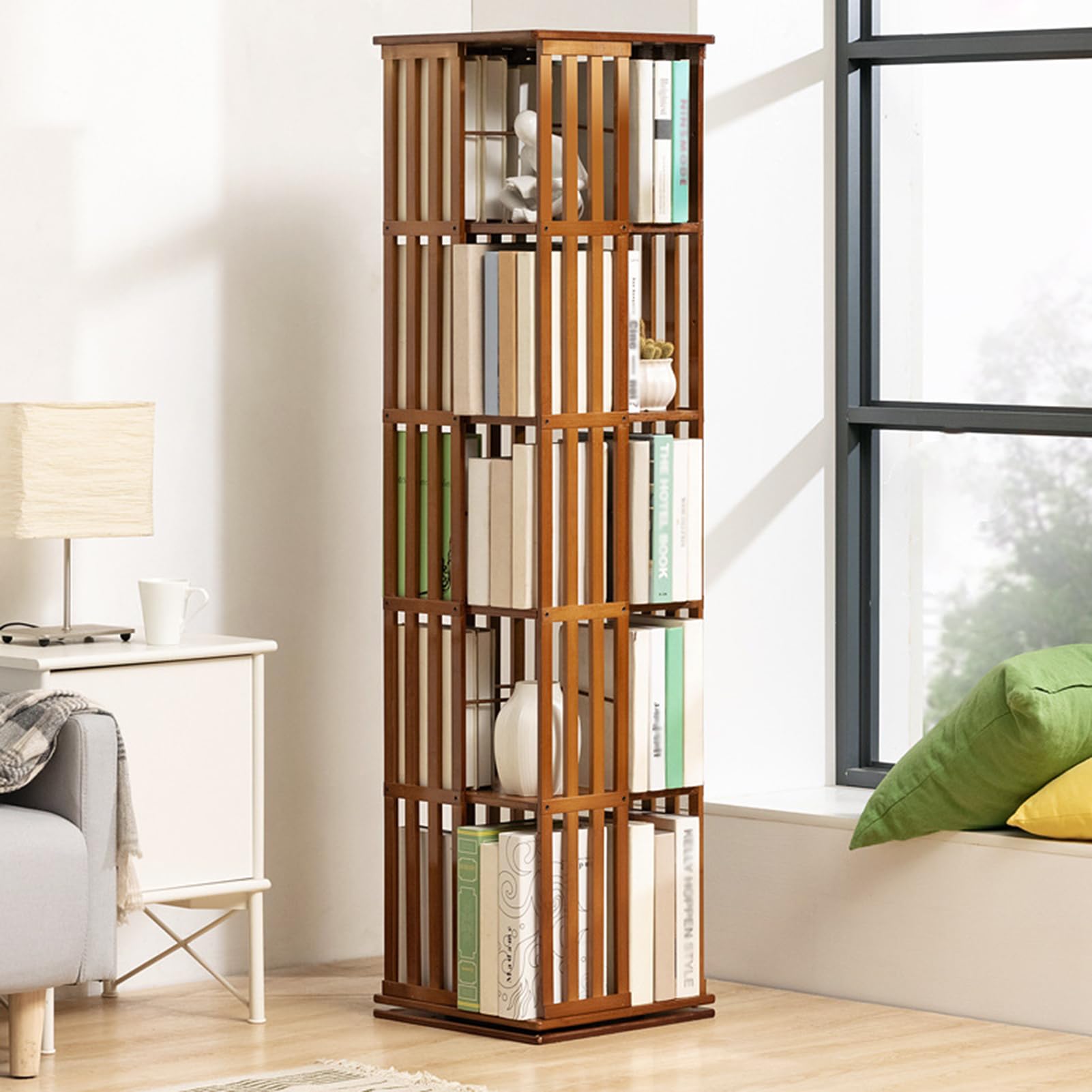 Biblioteca giratoria de bambú a niveles, estante giratorio de 360° con vitrina de esquina, estante para libros y decoración - Estantería de almacenamiento para niños y adultos - Biblioteca
