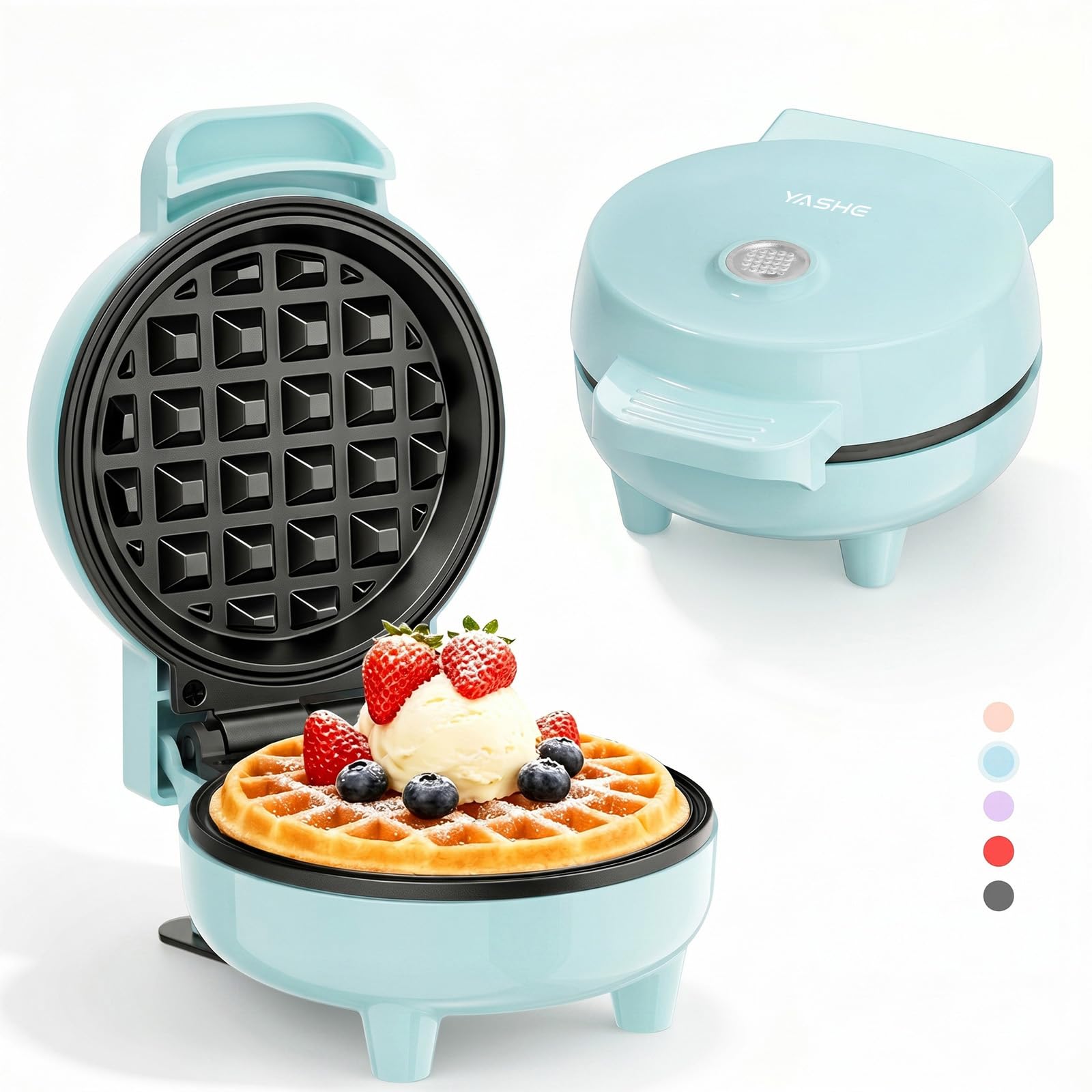 YASHE Mini Waffle Maker, 550W Mini Waffle Iron with Non Stick Plates, Ready Indicator Light, Cool Touch Handle, Compact Small Waffle Machine for Breakfast, Desserts & Snacks, Blue