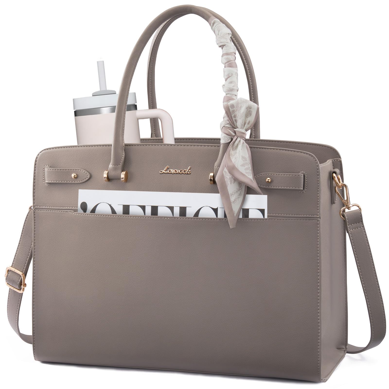 LOVEVOOK Handtasche Damen Groß mit Seidentuch, Laptoptasche 15,6/17,3 Zoll, Elegante Arbeitstasche mit Separates Gepolstertes Laptopfach, Wasserabweisender PU Leder Shopper Tote Bag für Uni Büro