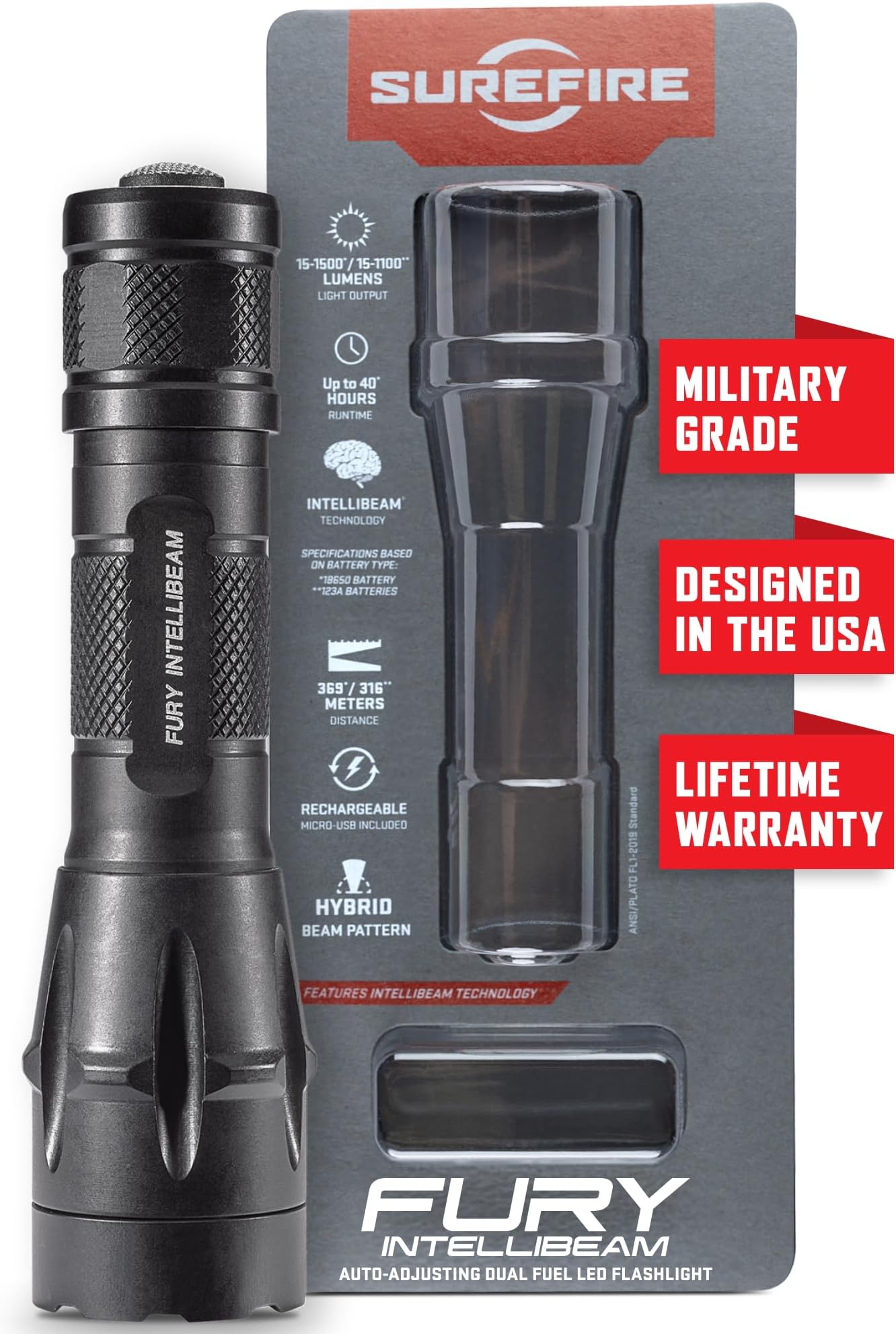SureFire LED Flashlight - FURY-IB-DF Up to 1,500 Lumens & 34,000 Candela