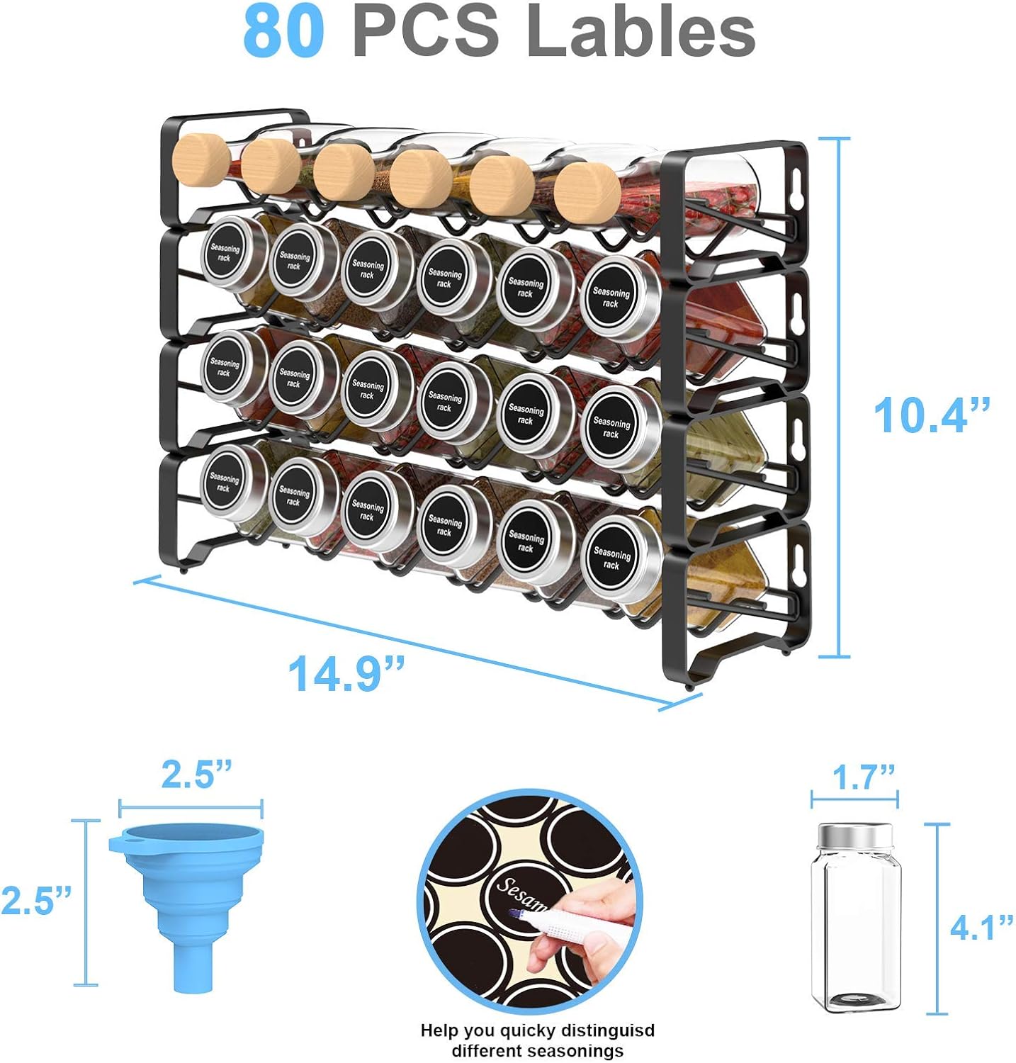 Auledio 4-Tier Stackable Spice Rack with 24 Glass, Seasoning Bottle Organizer with 80 Labels with Chalk Marker and Funnel Complete Set for Countertop, Cabinet or Wall Mount: Home & Kitchen