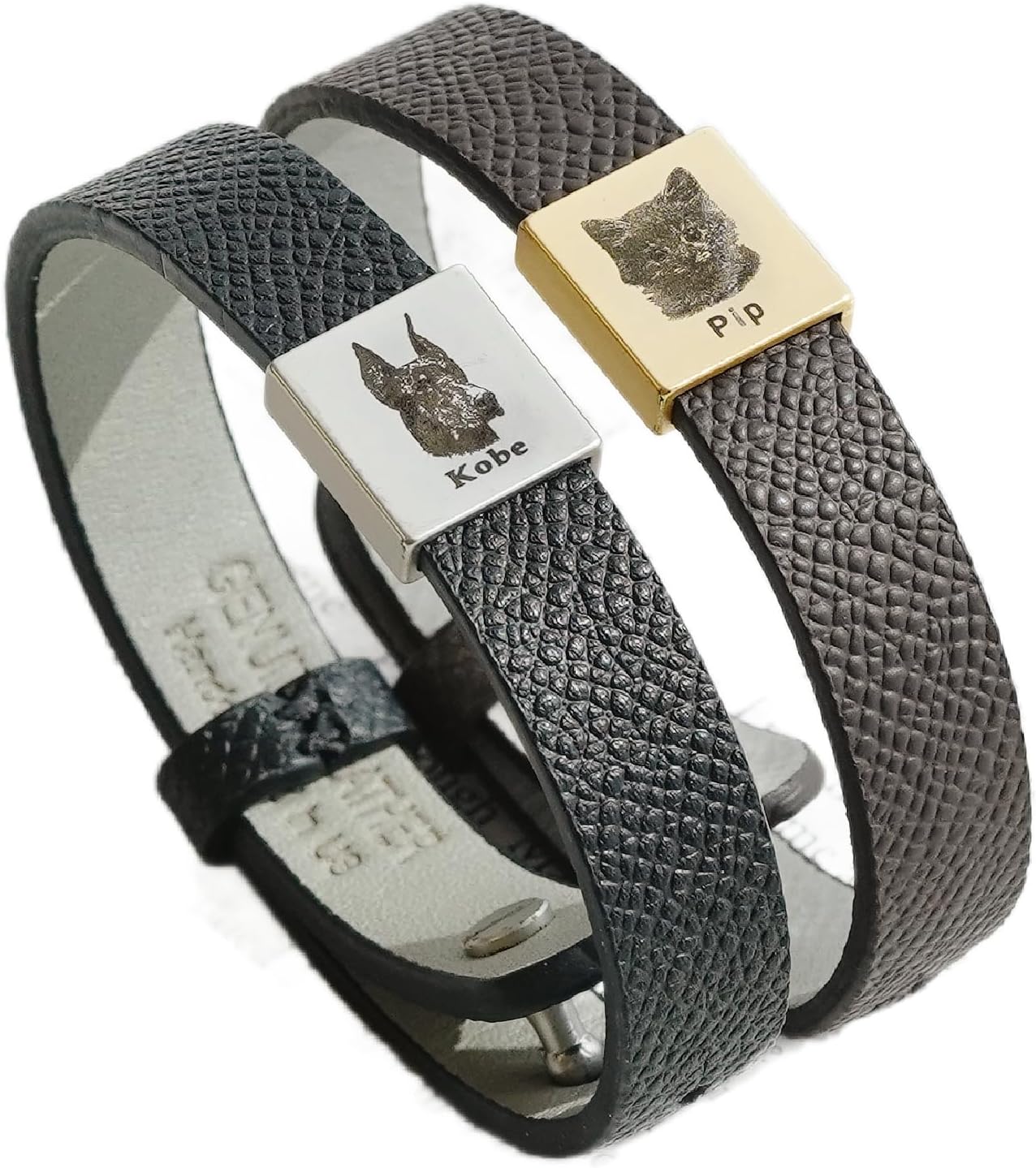 Personalized Pet Gift For Him, Custom Pet Portrait Mens Bracelet, Unique Man Jewelry Gift for Men, Dog Dad, Black Leather, FB-56