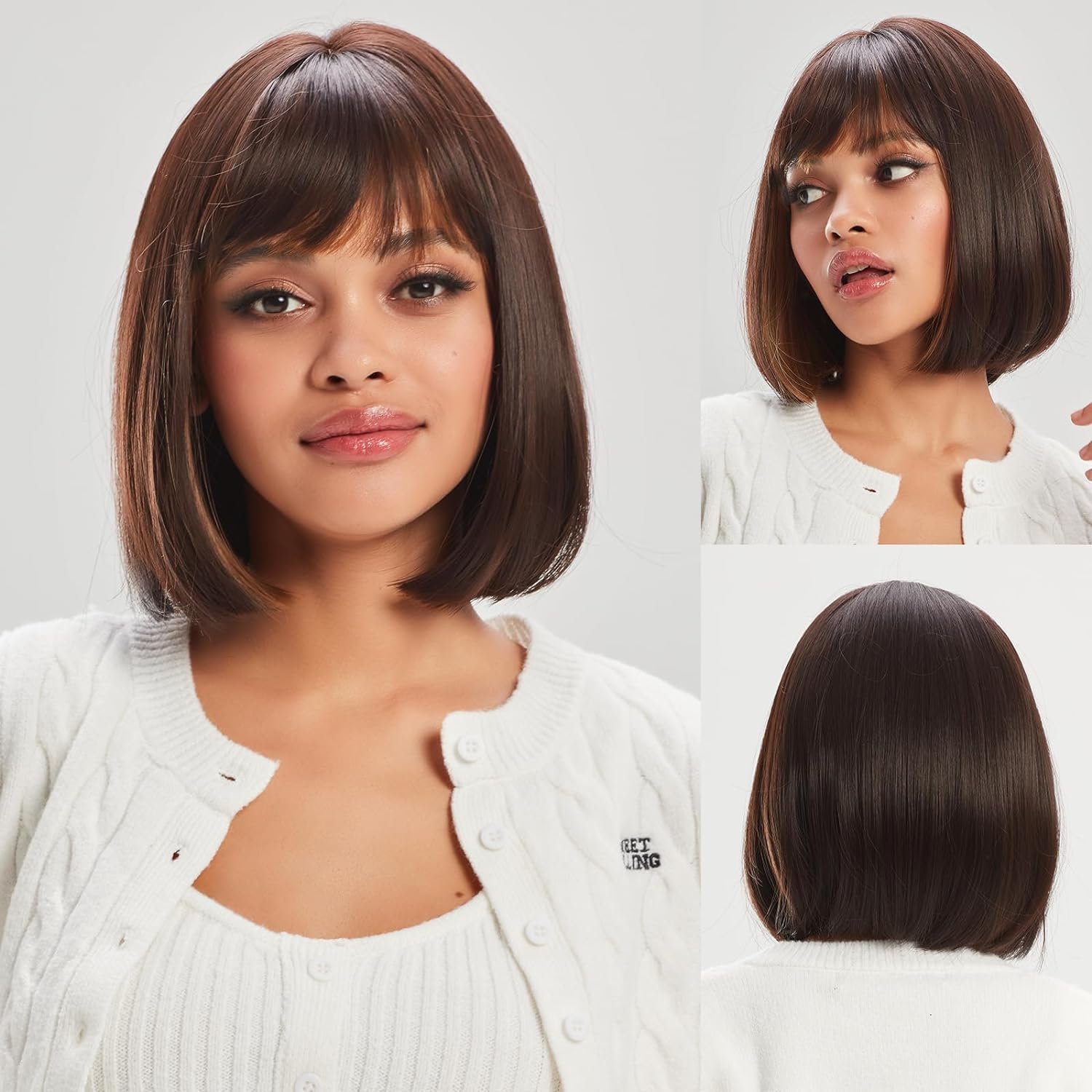 DAZZ LOOK Short Bob Wigs for Women,Dark Brown mixed Highlight Bob Wig with Bangs,Yaki Straight Shoulder Length Synthetic Wig for Daily Use 12 Inches (Brown With Highlights) + 02 Wig Cap Free-image-0