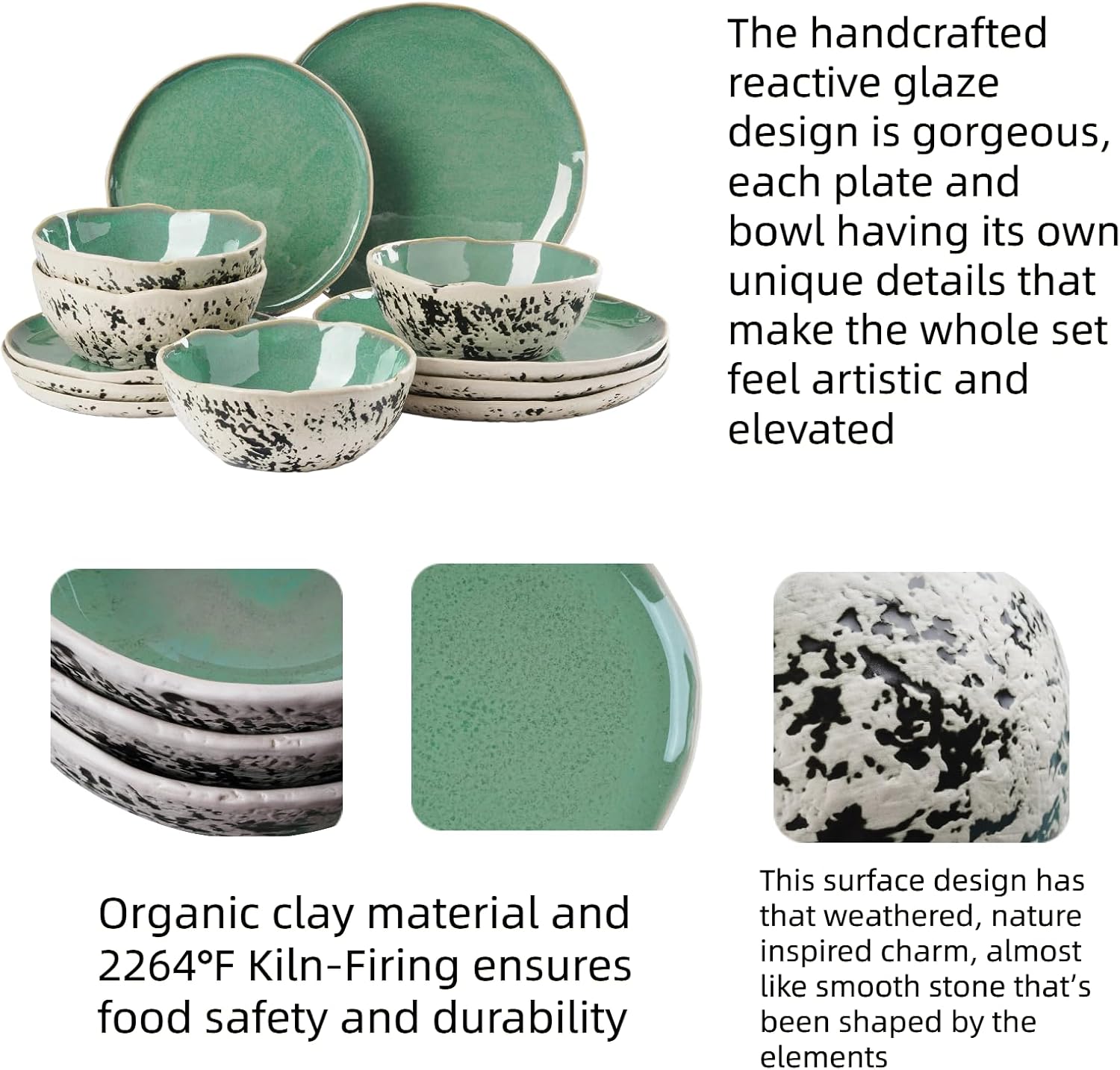 12pcs Dinnerware Set Service for 4, Handmade, Stoneware,Ceramic, Dish Set, Plates and Bowls set, Dinner Set, Reactive Glazed, Microwave and Dishwasher Safe (GREEN)