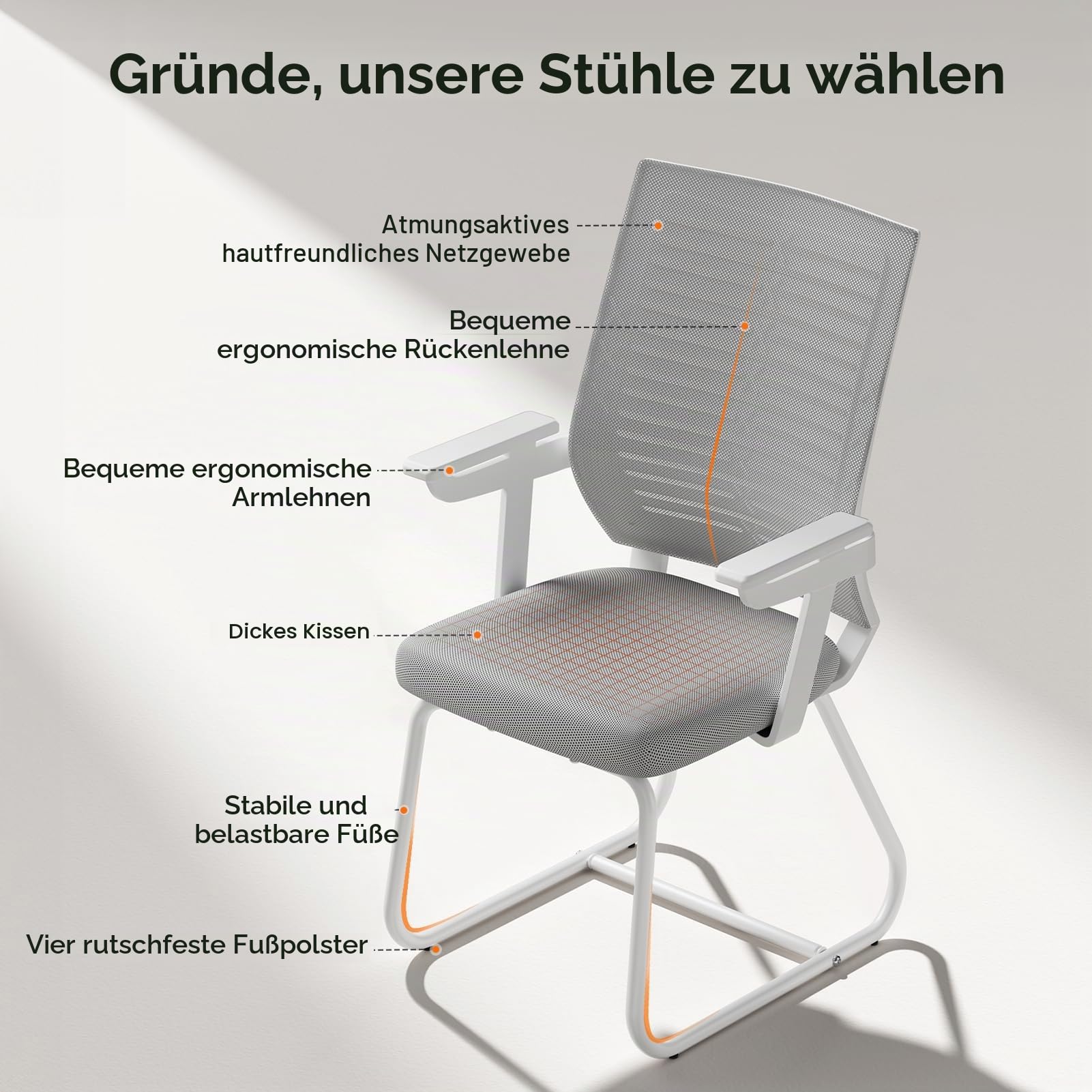 Warmiehomy Schreibtischstuhl ohne Rollen, Ergonomischer Schreibtischstuhl bis 95kg belastbar, Bürostuhl ohne Rollen, Schreibtischstuhl mit Armlehne, Konferenzstuhl, Arbeitsstuhl für Zuhause, Grau