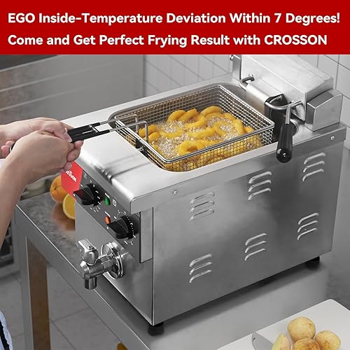 Miniatura 3 de CROSSON Freidora eléctrica de mostrador de 8L con válvula de drenaje, canasta sólida y tapa para uso en restaurantes 120V, 1800W, acero inoxidable,