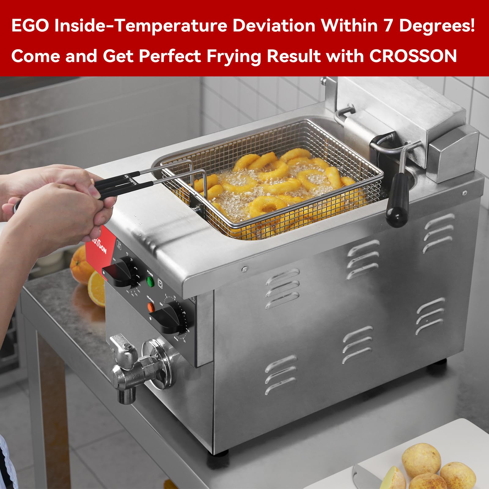 CROSSON Friteuse Electrique Professionnelle en acier inoxydable 8L,230V/3250W Friteuse a Huile électrique avec Robinet,Régulateur de Température 80℃-200℃,avec Panier et Couvercle
