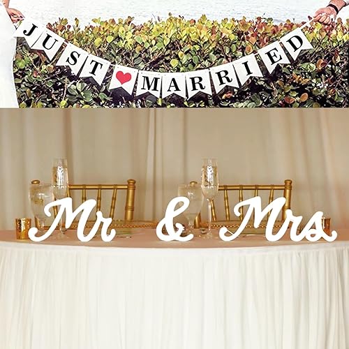 FCDECOR Letrero de 33 pulgadas con texto en inglés "Mr and Mrs Sign & Just Married", letreros de Mr & Mrs para mesa de boda, juego de decoraciones