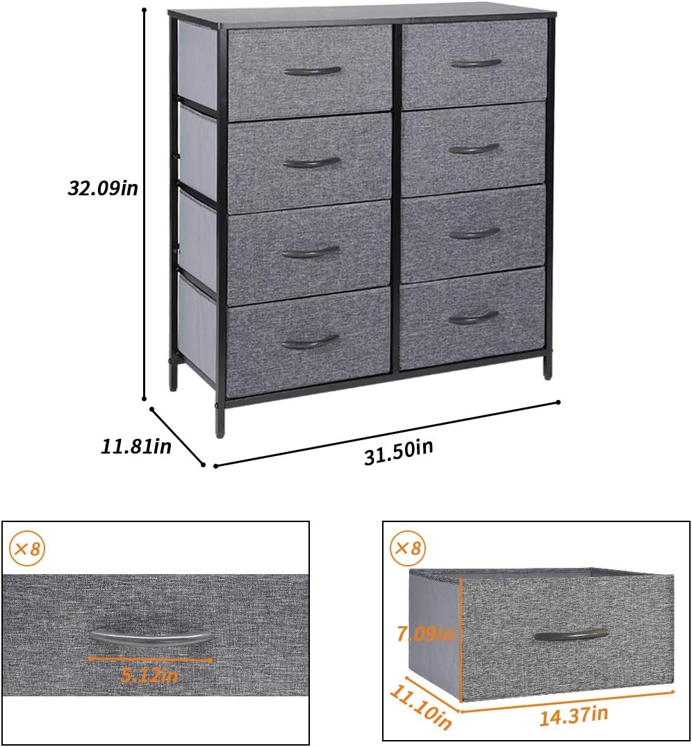 Kamiler Dresser with 8 Drawers,4-Tier Wide Chests of Drawers,Tall Storage Organizer Tower Unit for Bedroom,Living Room,Hallway,Closets - Sturdy Steel Frame,Wood Top, Easy Pull Fabric Bins(Gray) : Everything Else