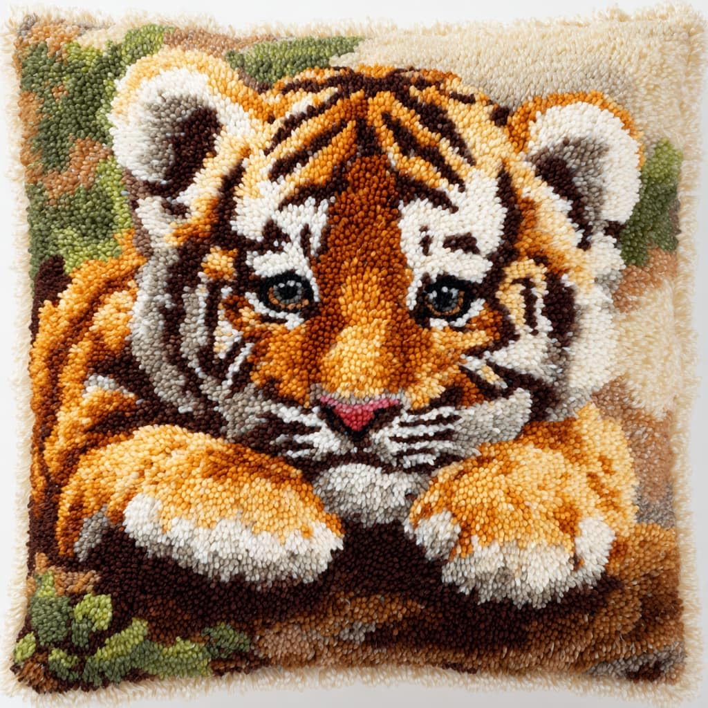 Taxpy Latch Hook Cushion Kits, Animal Tiger Pillow Case Rug Cover DIY Needlework Embroidery Kits Handmade Cushion Kit 43x43cm