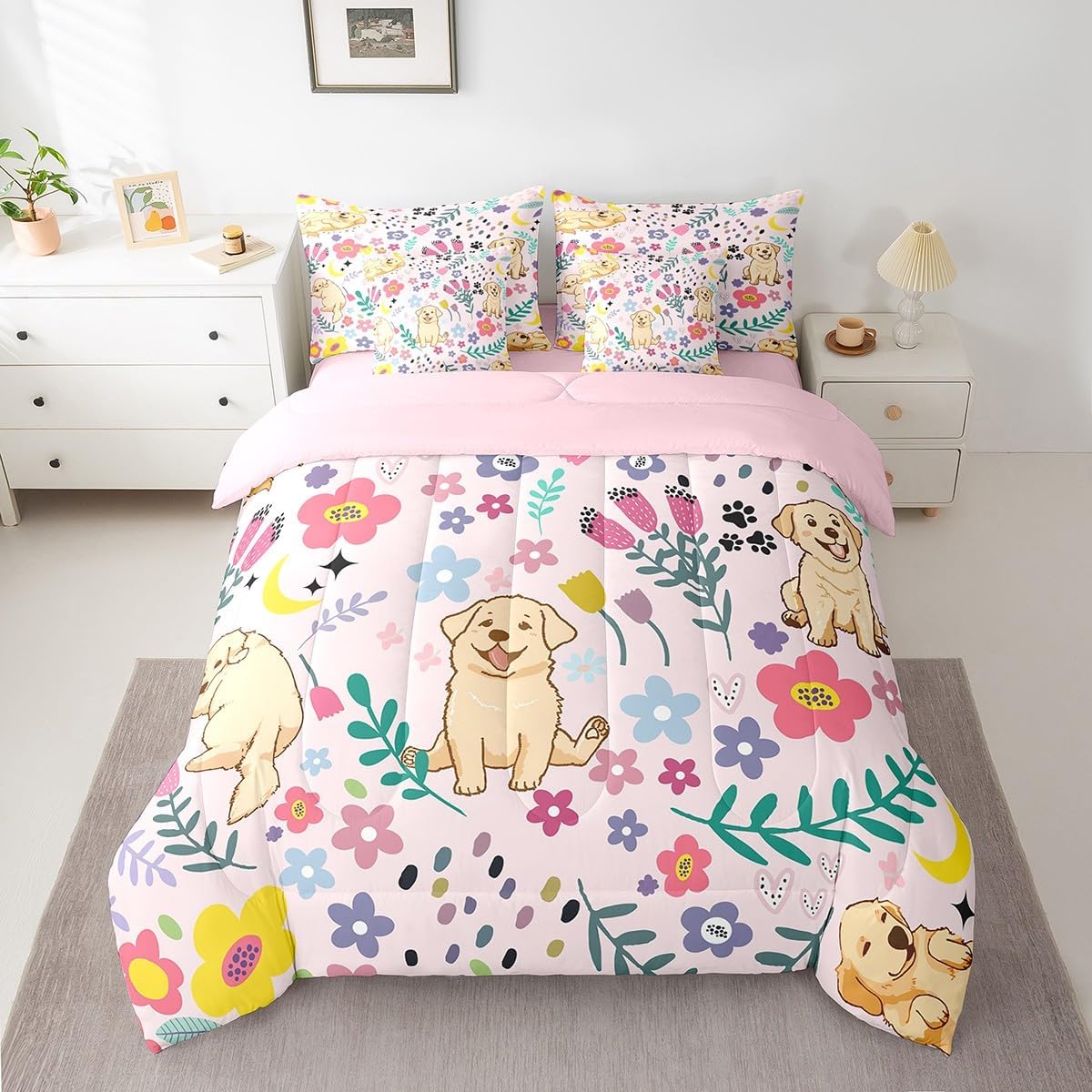 Erosebridal Full Comforter Set - 7 Pieces Floral Dog Bedding Sets Full Bed in a Bag,Reversible Golden Retriever Puppy Comforter, Sheets, Pillowcases & Cushion Covers,Animal Reversible Bed Sets