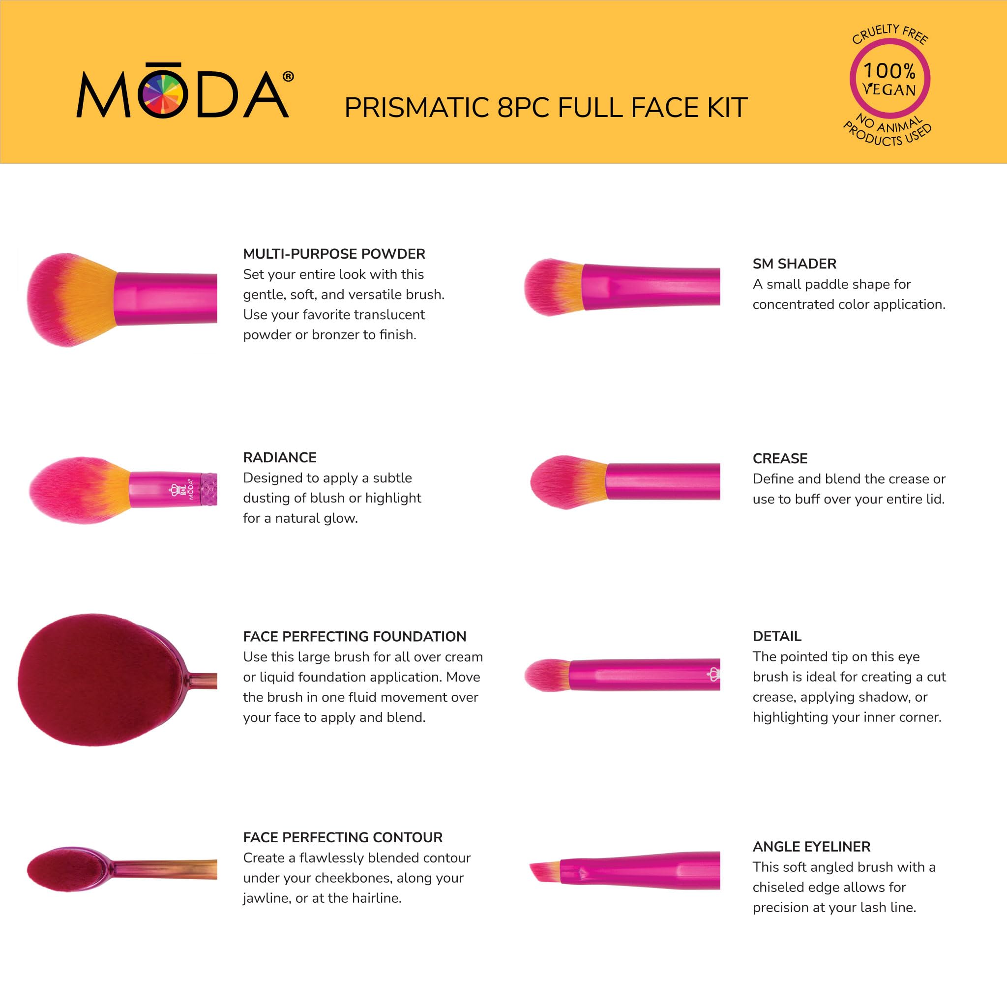 MODA Sunset Prismatic - Set di 8 pennelli da trucco per tutto il viso, include fondotinta ovale, contorno ovale, kabuki a cupola, cipria appuntita, piega, shader, dettagli e pennelli angolari