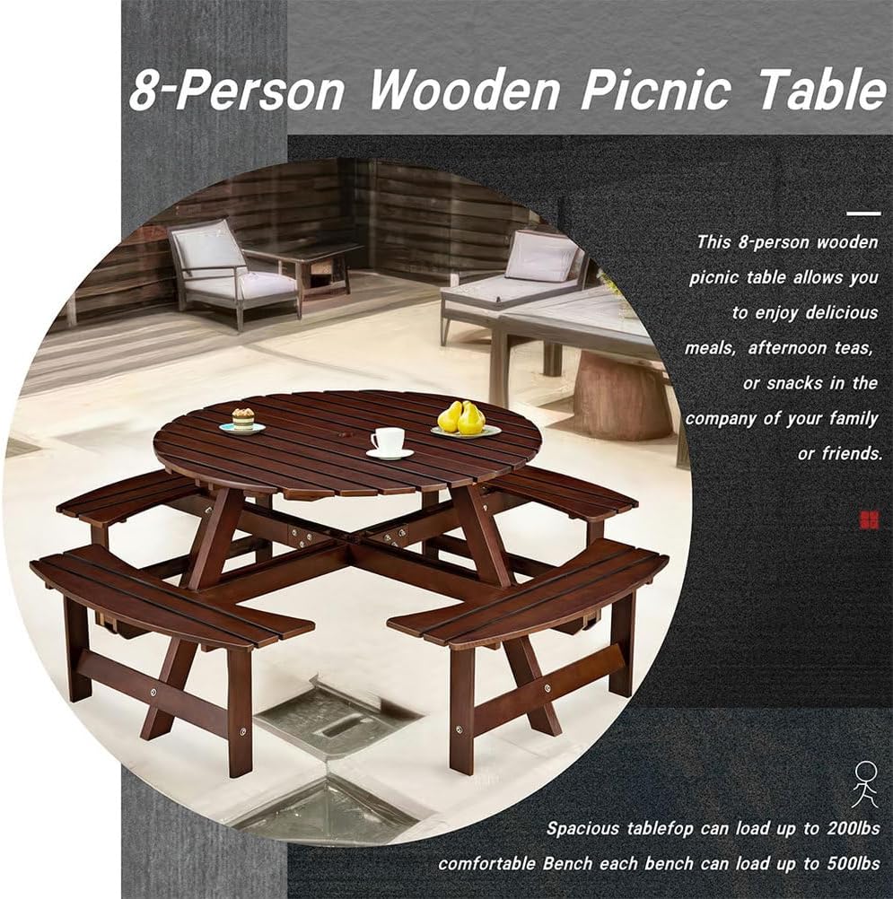Kids Picnic Table, 8 Person Outdoor Picnic Tables & Benches Set with Umbrella Hole and 4 Built-in BenchesOutside Table and Bench Set for Park, Garden, Backyard, Patio,Brown