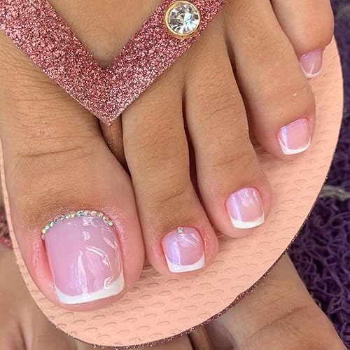 Miniatura 10 de Uñas postizas a presión con punta francesa blanca, uñas postizas cuadradas de diamantes de imitación, uñas acrílicas de punta rosa, puntas de uñas