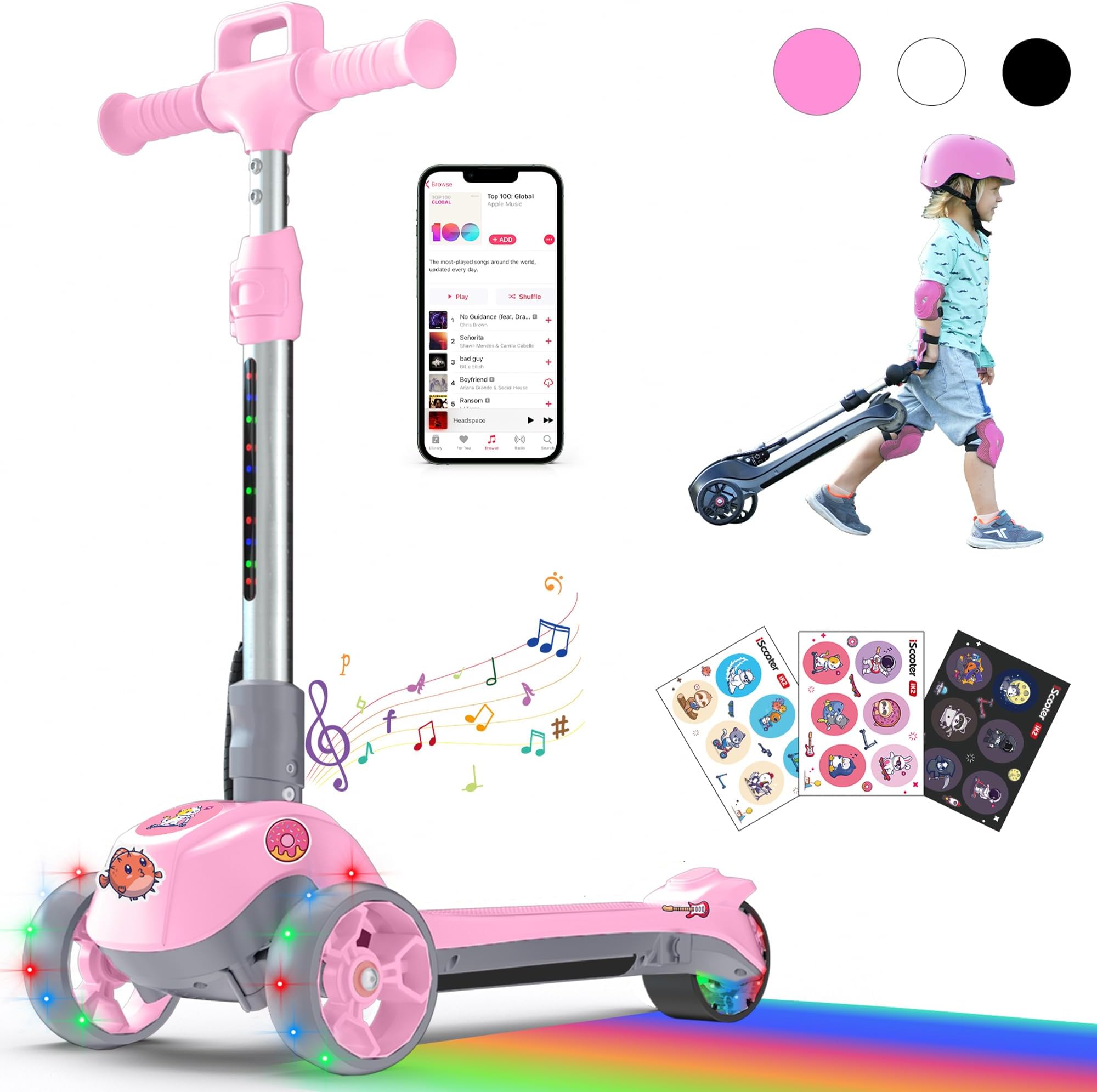 iScooteriK2 Electric Scooter for Kids Ages 3-8, Bluetooth Features, Thumb Accelerator, Colorful Lights, 3 Adjustable Height Toddler Motorized Scooters, Foldable Scooter for Kids
