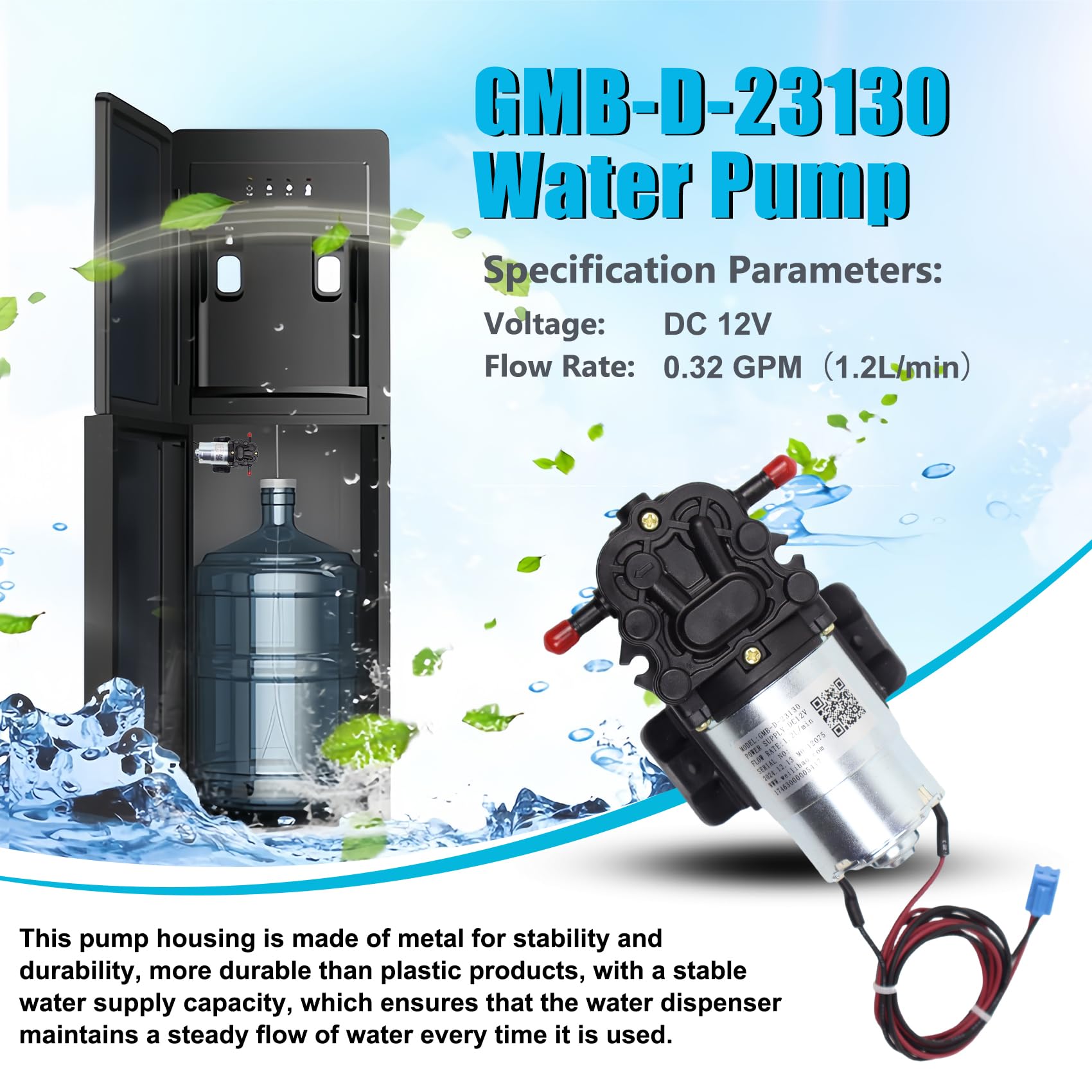 GMB-D-23130 Wasserpumpe, DC 12V, 0,32 GPM, kompatible Primo Wasserspenderteile, Avalon Wasserspenderteile, Brio Flasche Wasserkühler Wasserspender Teile Ersatz
