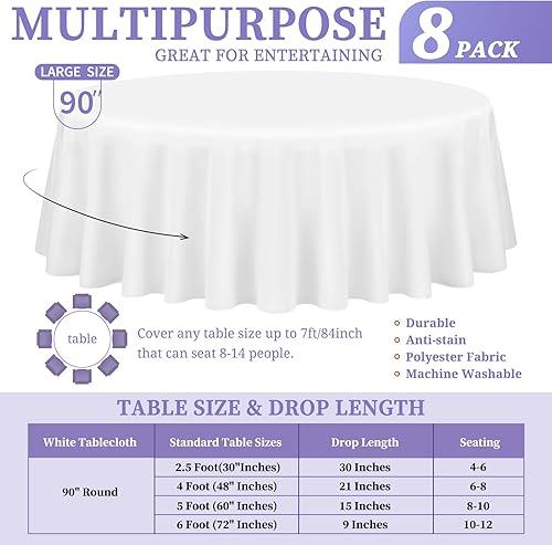Miniatura 2 de Paquete de 8 manteles redondos blancos de 90 pulgadas, manteles redondos de poliéster lavables para mesa de tela decorativa resistente a las