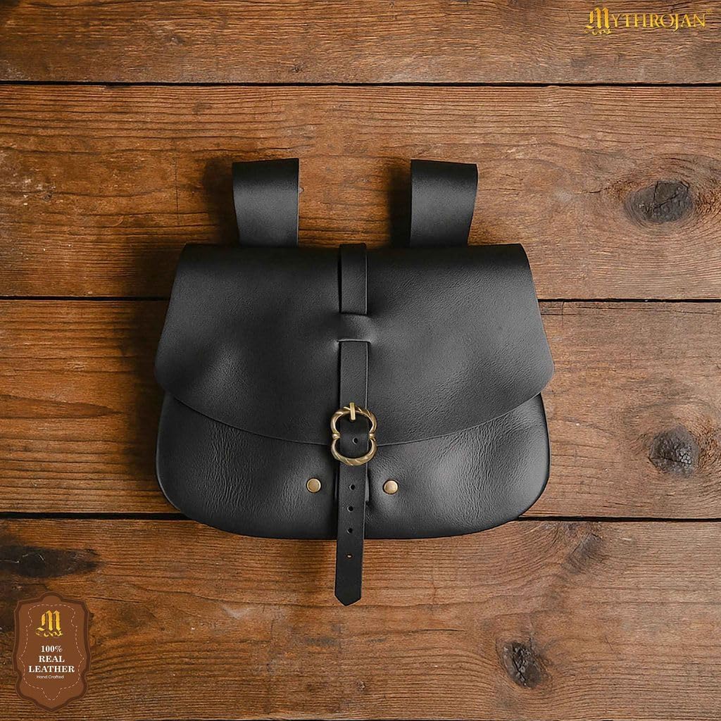 Medieval Leather Belt Pouch Vintage Waist Bag for LARP, Renaissance Fairs, Costumes, Cellphone Holder, Travel Wallet, Fanny Pack, Holster Purse Durable & Stylish Pouch - Black, 6.2” x 7” - Image 7