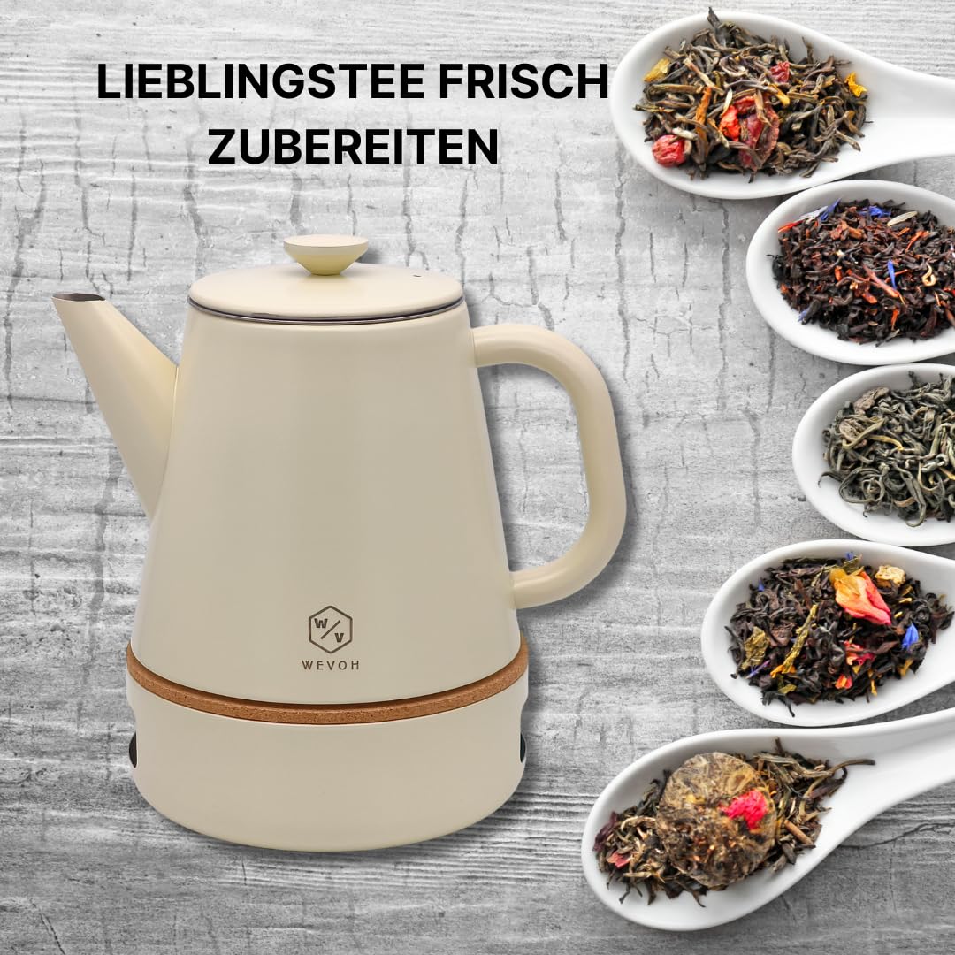 Edelstahl Teekanne 1 Liter mit Stövchen - Doppelwandig, Tropffreier Ausguss - mit Siebeinsatz für losen Tee oder Teebeutel (Beige)