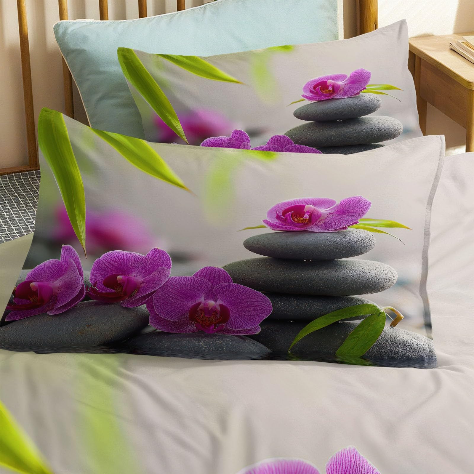 Zestaw pościeli z mikrofibry 220 x 240 cm Orchidea Krajobraz Bambus I Kamienie Dwustronne Miękkie Łatwe w Pielęgnacji Pościel Poszwa na kołdrę Zestaw pościeli z poszewką na poduszkę, kremowy