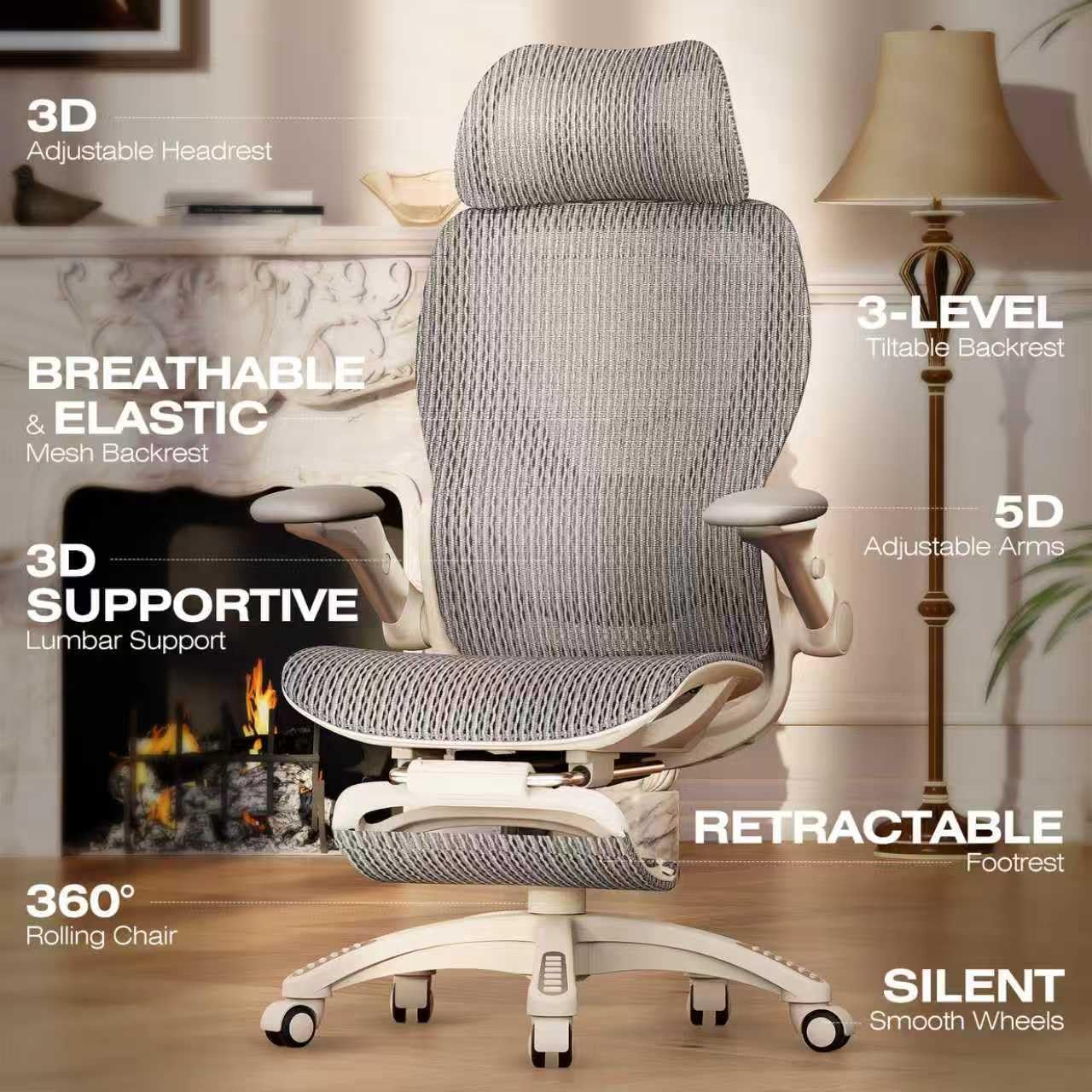 ELABEST X100 Ergonomic Office Chair with Footrest, Big and Tall Home Desk Chair with 5D Flip-Up Arms, Adjustable 3D Lumbar Support,High Back Rolling Computer Chair, Swivel Mesh Chairs (Frosted Dawn) - Image 3
