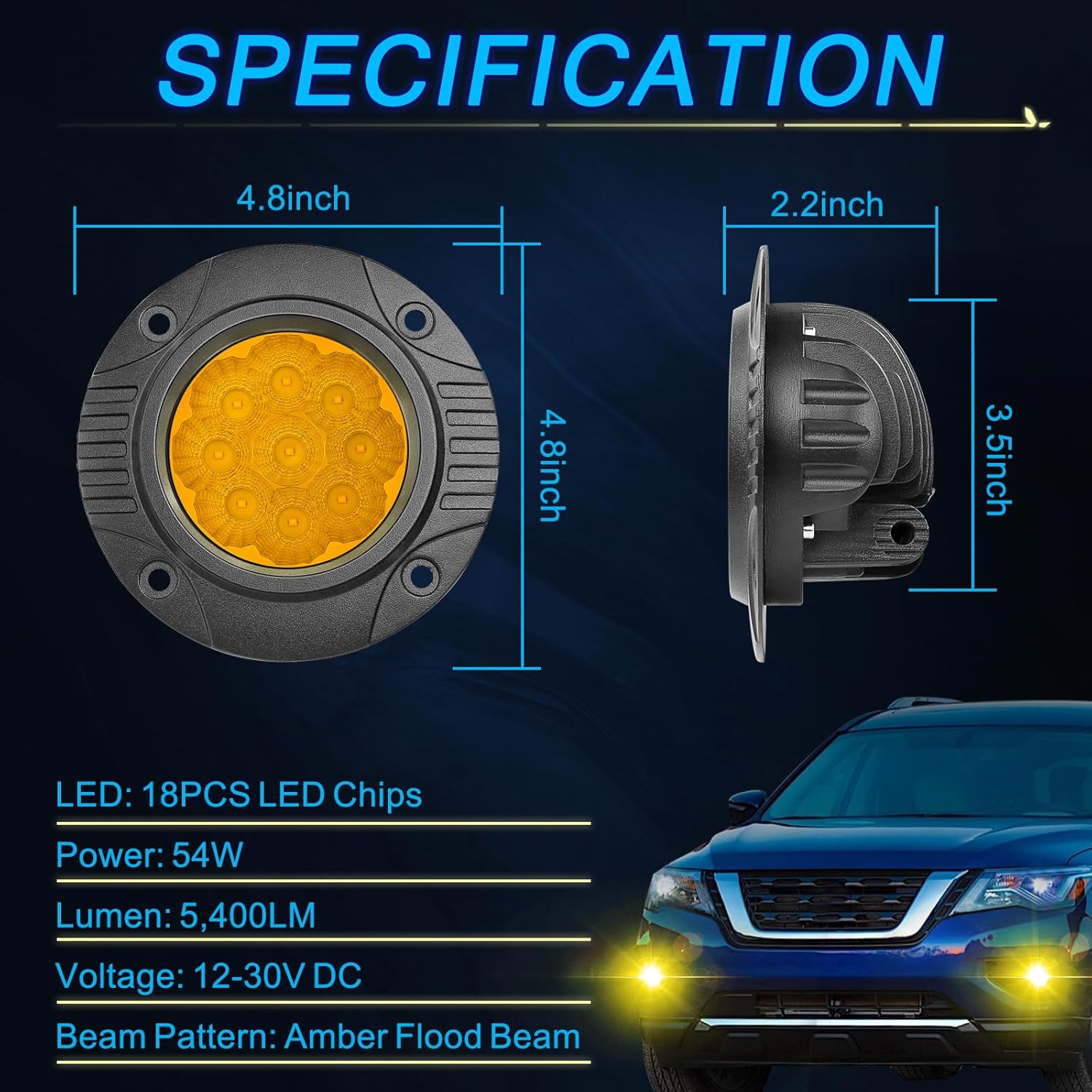 ACEC SHOP Amber Flush Mount LED Pods, 2PCS 54W 5Inch Flush Mount Fog Lights Flood Beam Round Yellow Pod Light Flush Bumper Lights for Trucks Pickup SUV UTV ATV Golf Cart Tractor