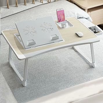 Bed Tray Table with Folding Legs Wooden Serving Breakfast in Bed, Laptop Table for Couch Foldable with Cup Holder Dormitory Table Portable for Working Writing Reading and Breakfast