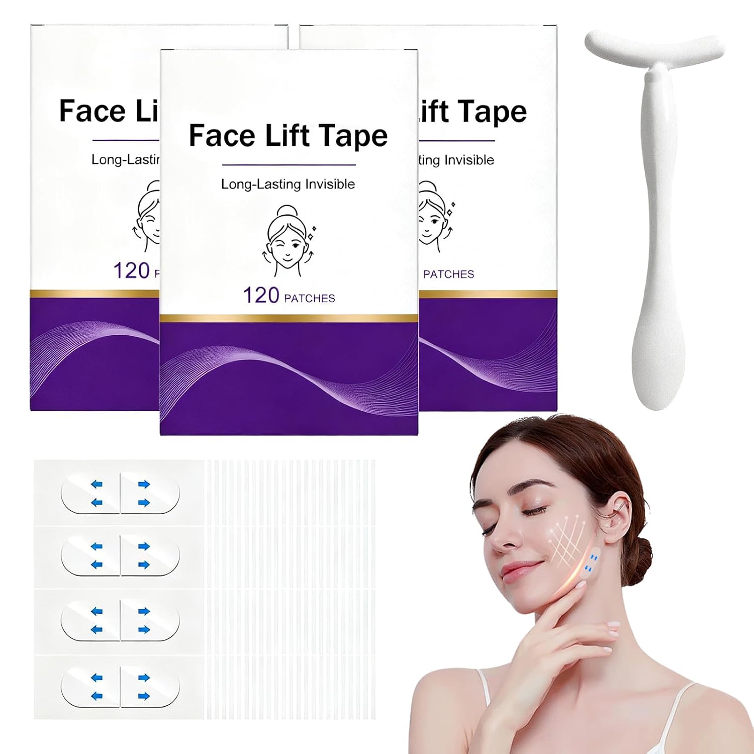 Pack of 360 Face Lifting Tape Lifting Stripes Face Lift Tape Invisible Firming & Firming Skin Elastic Suitable for Double Chin Fine Lines Saggy Skin with Face Massage Pen
