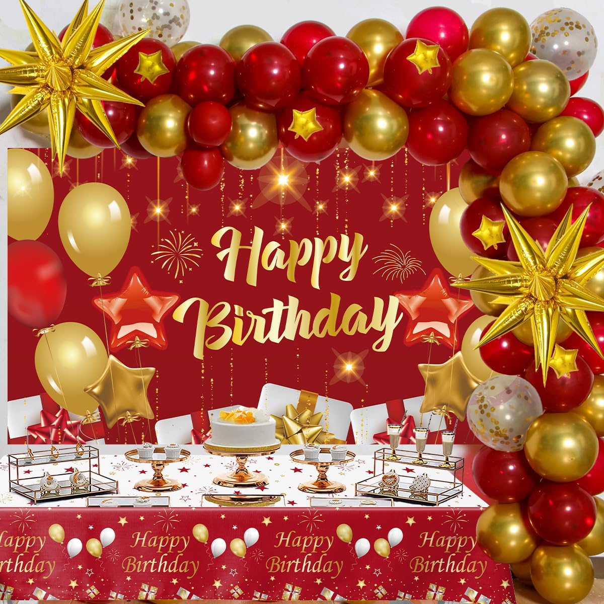 Red and Gold Birthday Decorations for Women Men Girls Boys, 72pcs Red and Gold Party Decorations Happy Birthday Backdrop Burgundy Confetti Star Balloon Arch Table Cloth Party Supplies