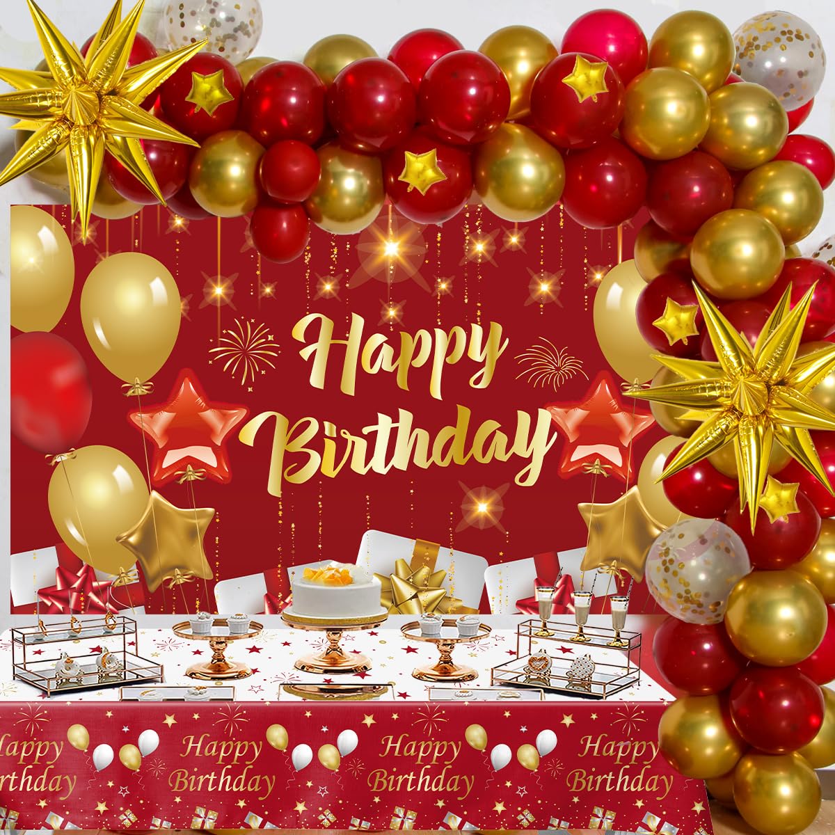 Red and Gold Birthday Decorations for Women Men Girls Boys, 72pcs Red and Gold Party Decorations Happy Birthday Backdrop Burgundy Confetti Star Red Gold Balloon Arch Table Cloth Party Supplies