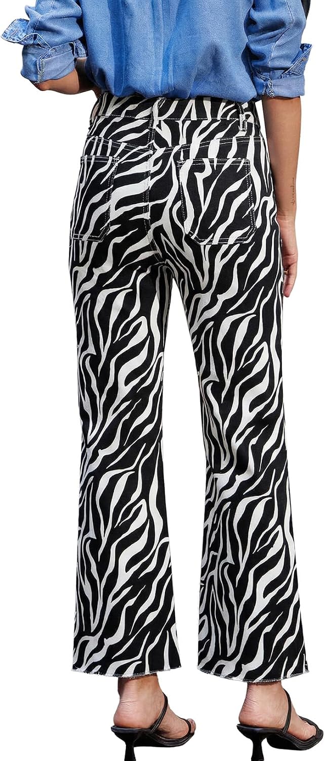 Astylish Women Animal Leopard Print Wide Leg High Waisted Jeans Tummy Control Casual Cropped Raw Hem Ankle Denim Pants