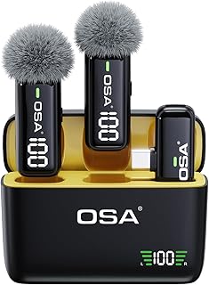 OSA Lavalier Mikrofon für Telefon mit Ladekoffer und Transmitter Digitalanzeige - 2er Set, für USB C Telefon, Aufnahme, Professionelle Videoaufnahme, Ansteckmikrofon
