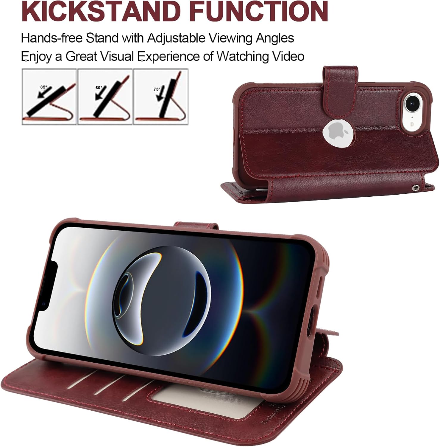VANAVAGY Compatible for iPhone 16e/17e Wallet Case, Shockproof Flip Case with RFID Blocking Card Holder Strap Kickstand, [Camera Lens & Screen Cover] PU Leather Cover for Wireless Charging, Burgundy