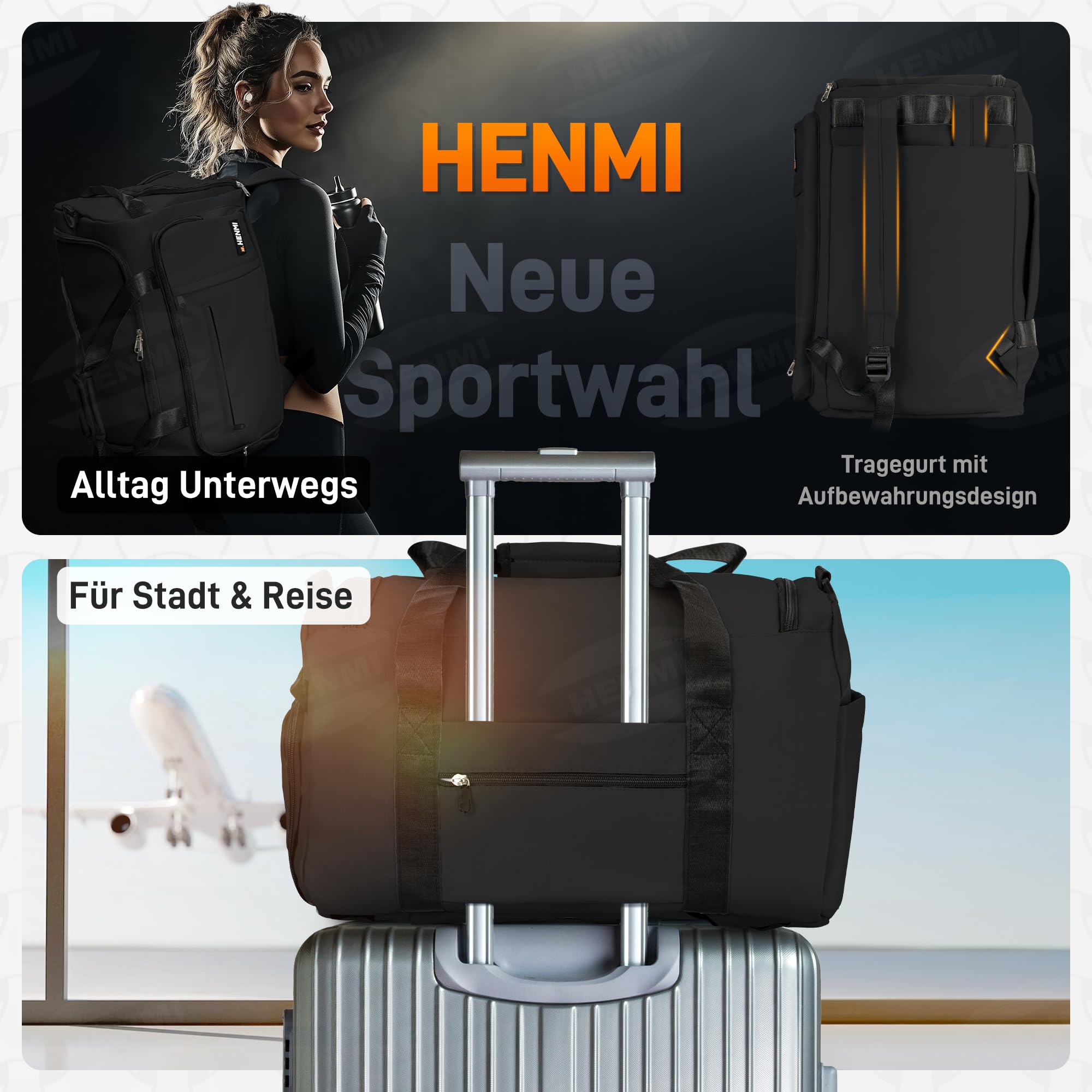 HENMI Sporttasche & Reisetasche für Herren und Damen, 43L Groß gymbag mit Schuhfach und Nassfach, Faltbare Gym Tasche für Sport und Travel, Sport Tasche, Trainingstasche, Gym Tasche (Schwarz)