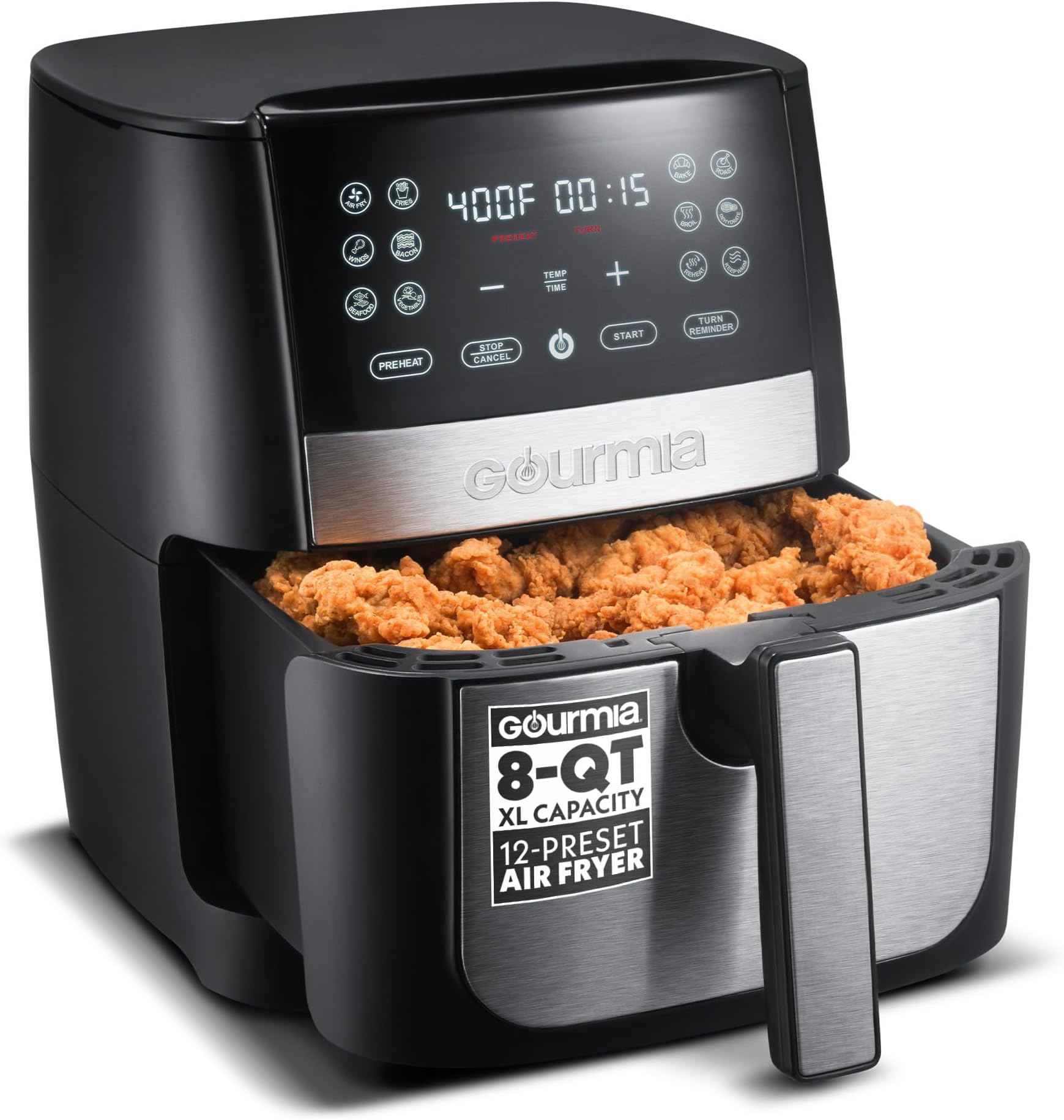 Gourmia 8 Qt Digital Air Fryer GAF826 – XL Capacity with 12 One-Touch Presets, Nonstick Dishwasher Safe Basket, Oil-Free Cooking, ETL-Certified, Sleek Black Finish