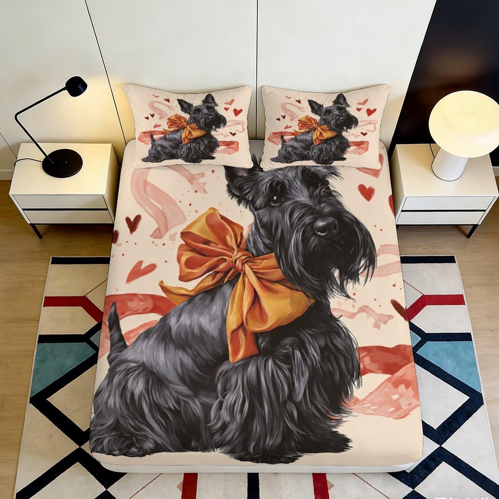 3D Printed Scottish Terrier Dog Fitted Sheet Microfiber Black Bowknot Hearts Mattress Cover for Bedroom Guest Room Easy Care 90x200x25cm