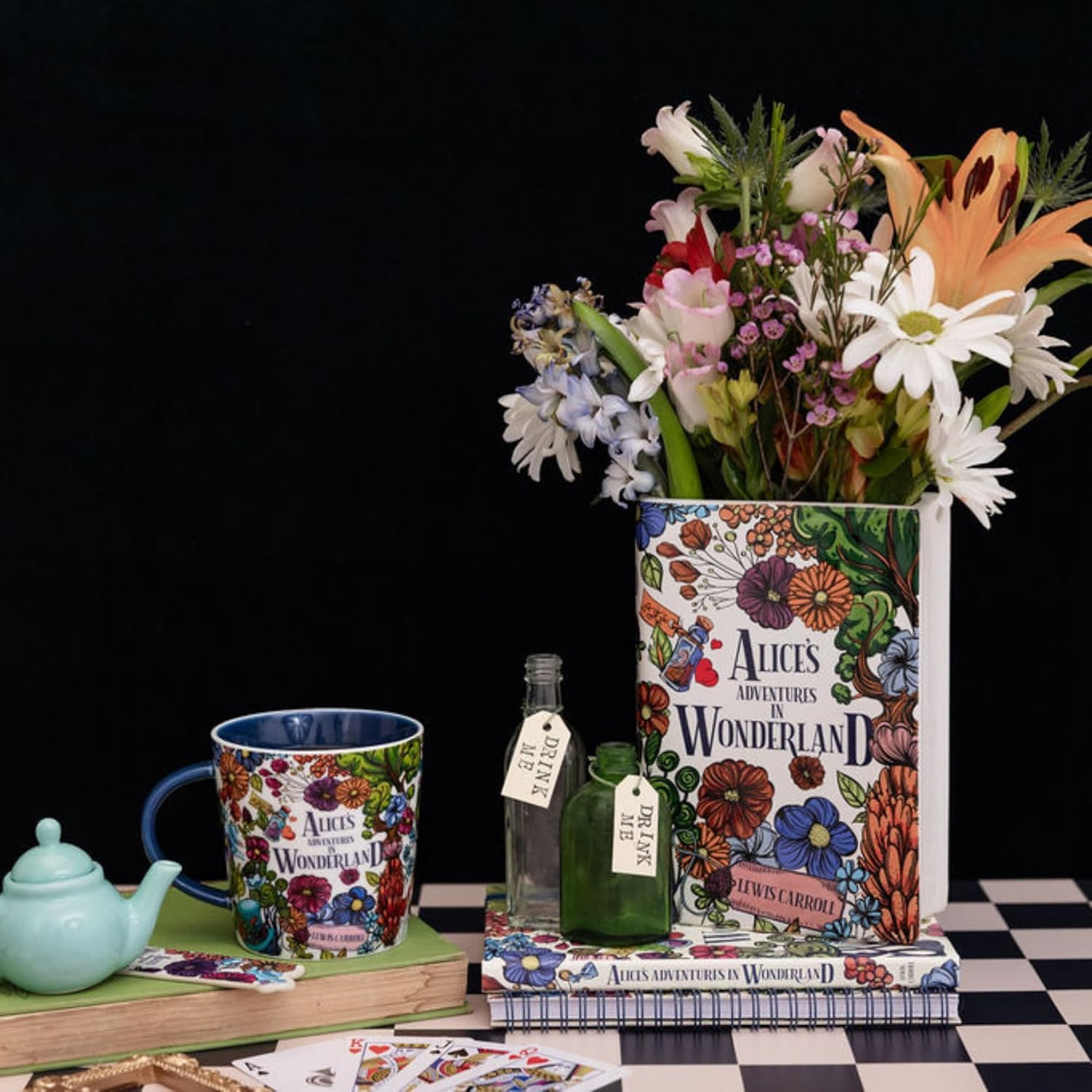 Steel Mill & Co Originelle große dekorative Vase in Buchform, Keramik, Heimdekoration, niedliche Bücherregal-Dekoration, einzigartig, für Buchliebhaber, Alice's Adventures in Wonderland - Floral