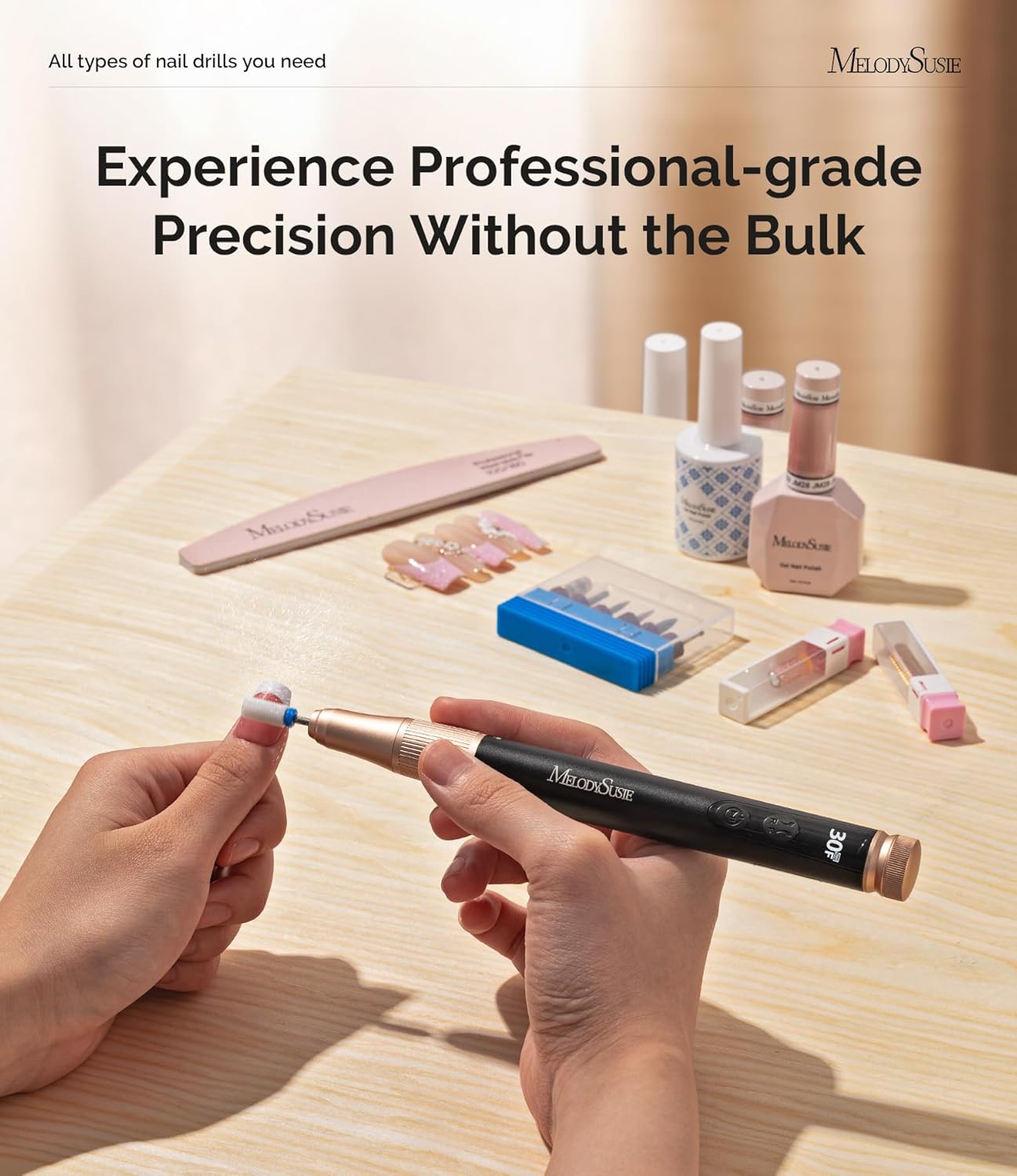 MelodySusie Pen-Shaped Cordless Nail Drill with Adjustable Stepless Speed,SM180F 30000RPM Portable Rechargeable E-File with LED Display for All Manicure Shaping & Acrylic Gel Removal for Pro at Home