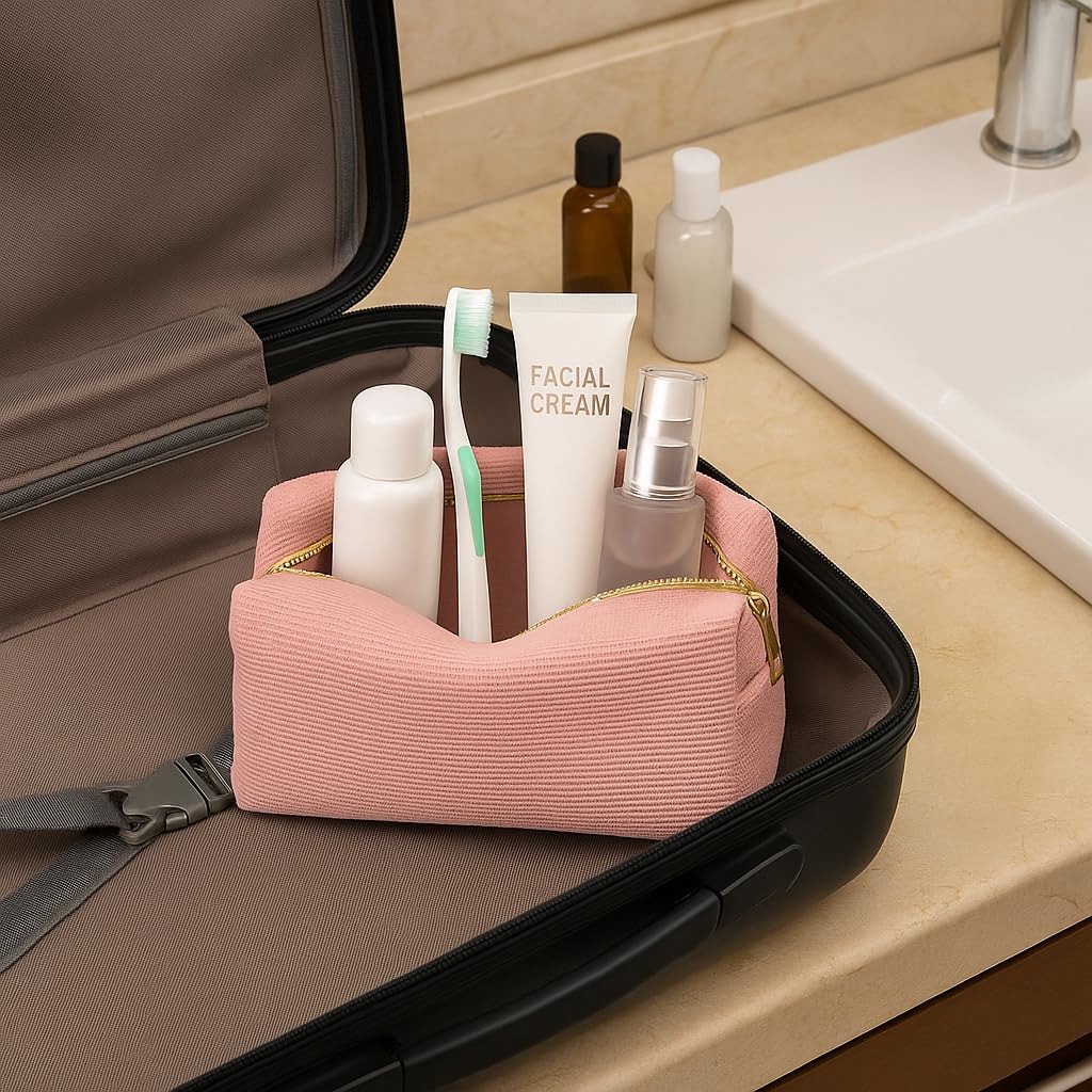 Pink Textured Corduroy Cosmetic Bag with Gold Metal Zipper, Durable Travel Toiletry Pouch for Women's Makeup - Image 2
