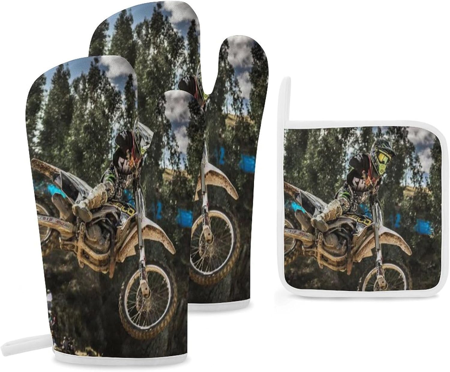 Motocross Motorcycle Vehicle Print Oven Mitts and Pot Holders 3 Piece Sets Heat Resistant Gloves Hot Pads Potholders for Kitchen Baking Cooking