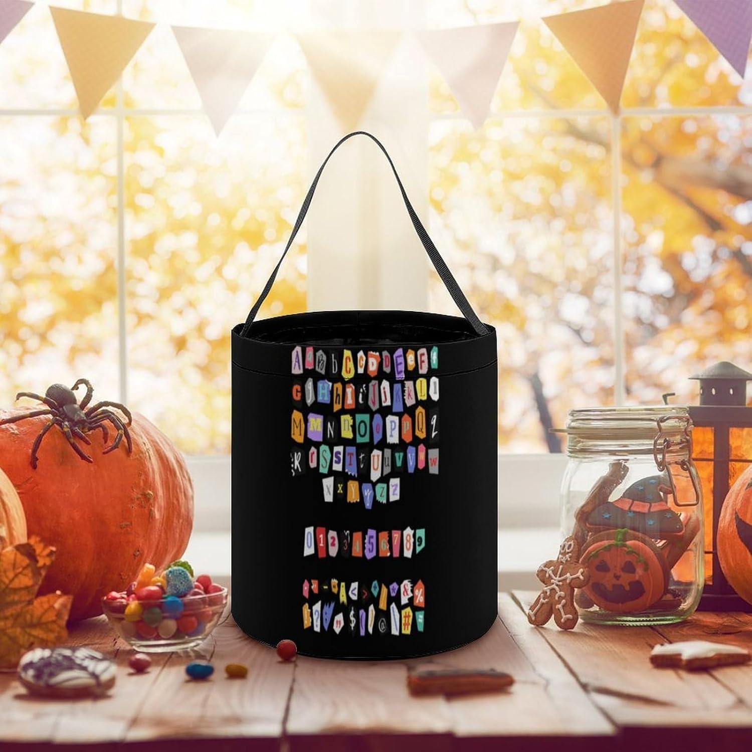 Colorful Newspaper Alphabet1 Candy Bag Halloween Treat Goody Bags Party Basket Handbag Holiday Decor