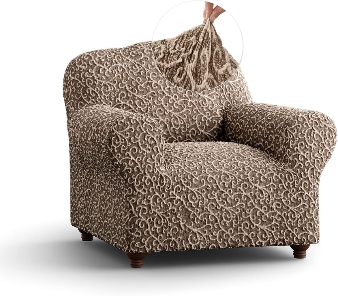 PAULATO BY GA.I.CO. Chair Cover - Armchair Slipcover - Cotton Fabric Slipcover - 1-Piece Form Fit Stretch Stylish Furniture Protector - Jacquard 3D Collection - Brown Arabesco (Chair)