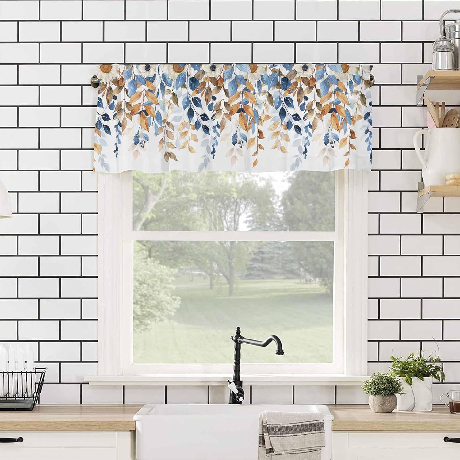 Fall Eucalyptus Leaves Valance Curtains for Kitchen Window Above Sink 54x18 Inch,Blue and Burnt Orange Leaves Rod Pocket Short Curtain for Living Room Sunflower Valances for Windows/Bathroom/Bedroom