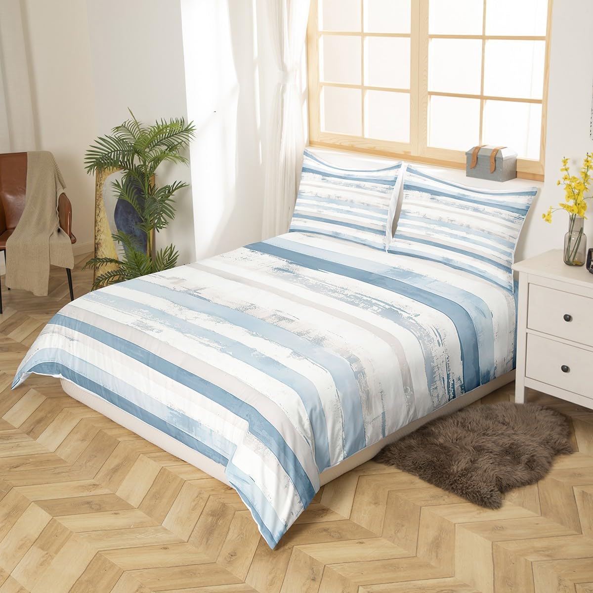 jejeloiu Abstract Blue Duvet Cover Full Size Modern White Grey Striped Bedding Set for Kids Boys Girls Decor Geometric Simple Neutral Comforter Cover Soft Microfiber Bedroom Decor,No Stuffing