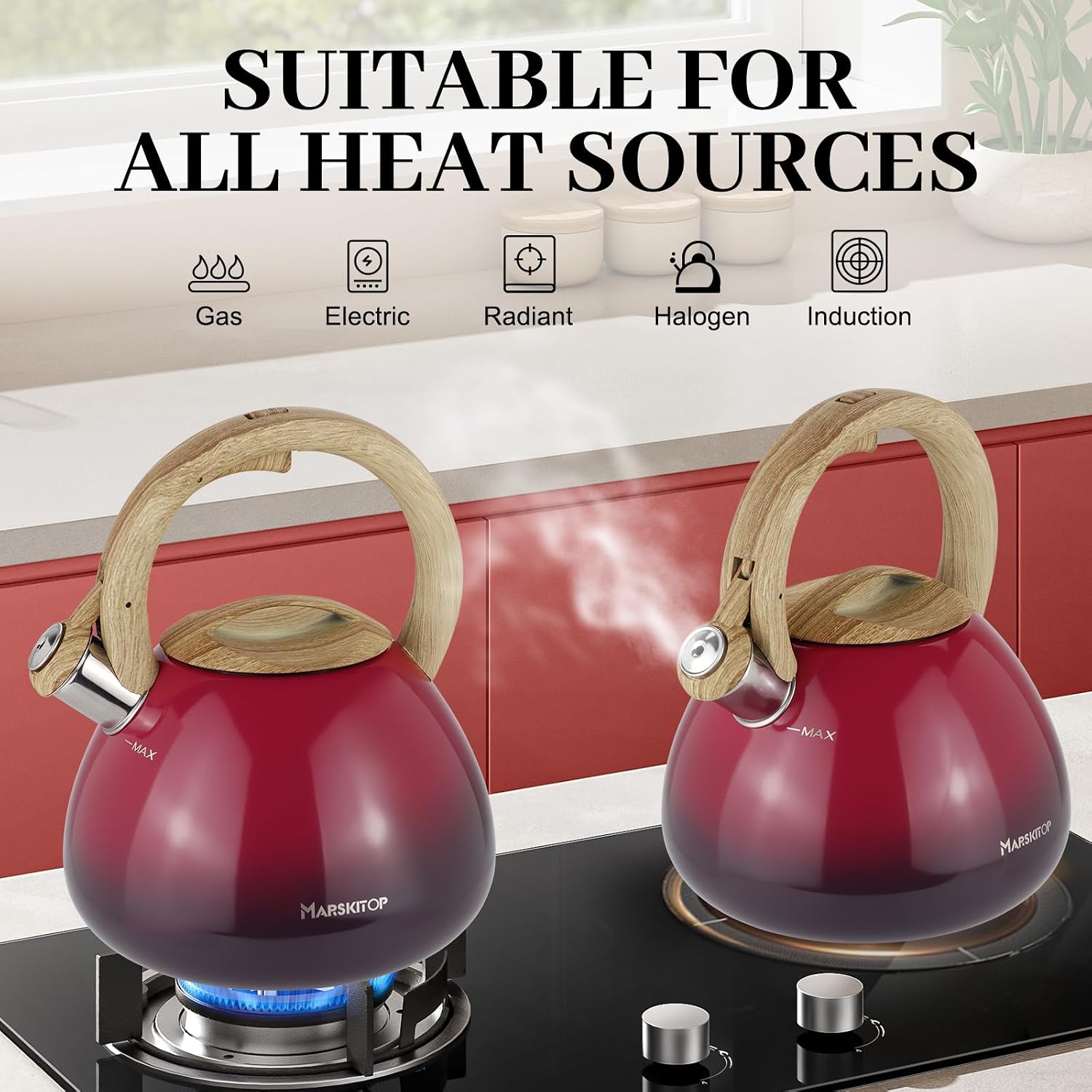 MARSKITOP Tea Kettle for Stove Top, Food Grade Stainless Steel Teapot for Stovetop, Tea Pot for Stove with Anti-Hot Handle, Stove Top Whistling Tea Kettle for Boiling Water, 2.6 Quart, Red