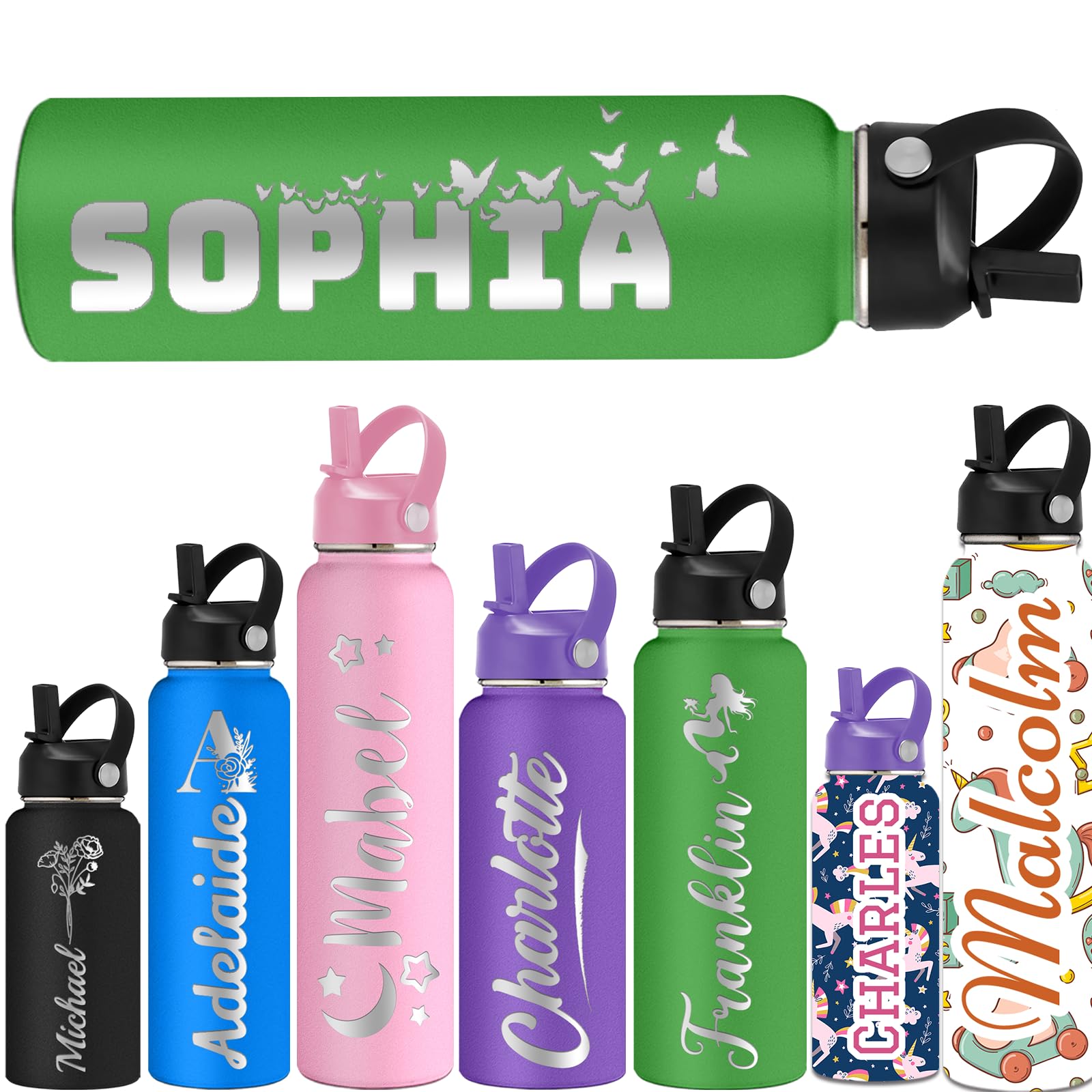 ShAxzHen Personalised Water Bottles for Kids with Straw Lid 40/32/24/18/12oz Custom Insulated Water Bottle Stainless Steel with Name Logo Customised Engraved Cups for School Sport Gym Name Green