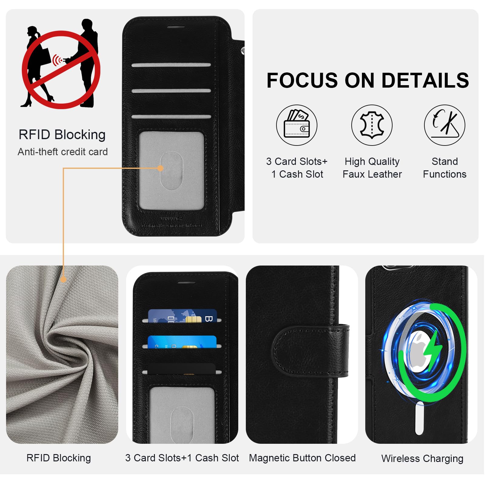 VANAVAGY Kompatibel für iPhone 16 Plus Hülle für Magsafe Drahtlos Aufladen, Leder Flip Folio Handgelenk mit RFID-Blockierung Kartenhalter, Schwarz