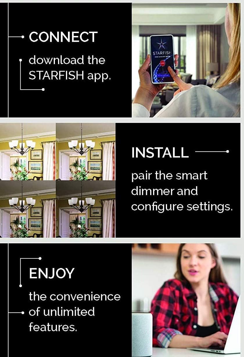 Satco Starfish S11268 WiFi Smart Wall Dimmer Light Switch for LED and Incandescent, Works with Siri, Alexa, Google Assistant, SmartThings, 450 Watt Max Load, 120 Volt