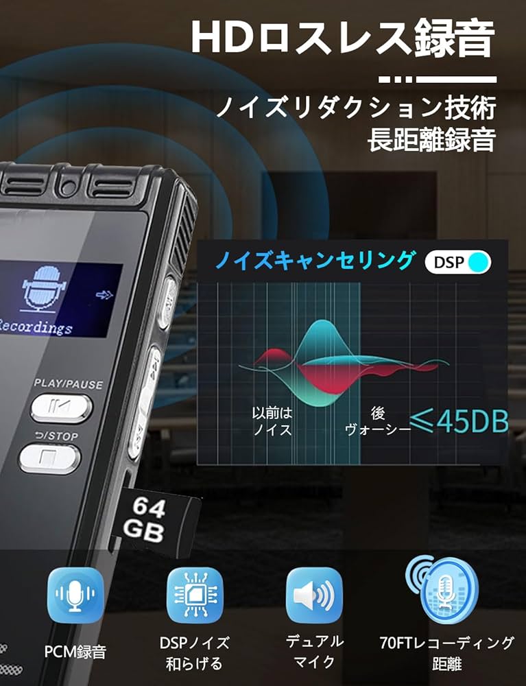 Amazon | 64GB ボイスレコーダー,96時間連続録音, 1536Kpbs HD